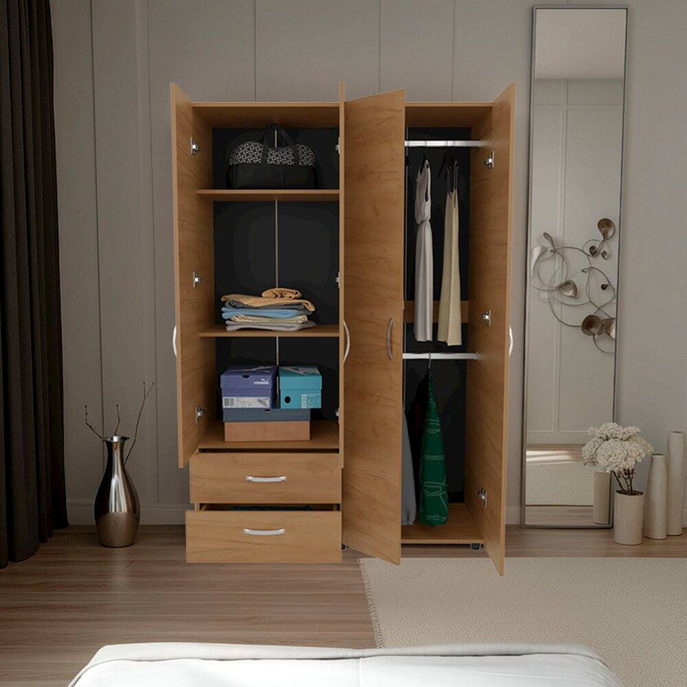 Alt View 4. TuHome - Armoire with 4 Doors, 2 Drawers, And 2 Hanging Rod, Storage Cabinet, Natural Oak - Brown.