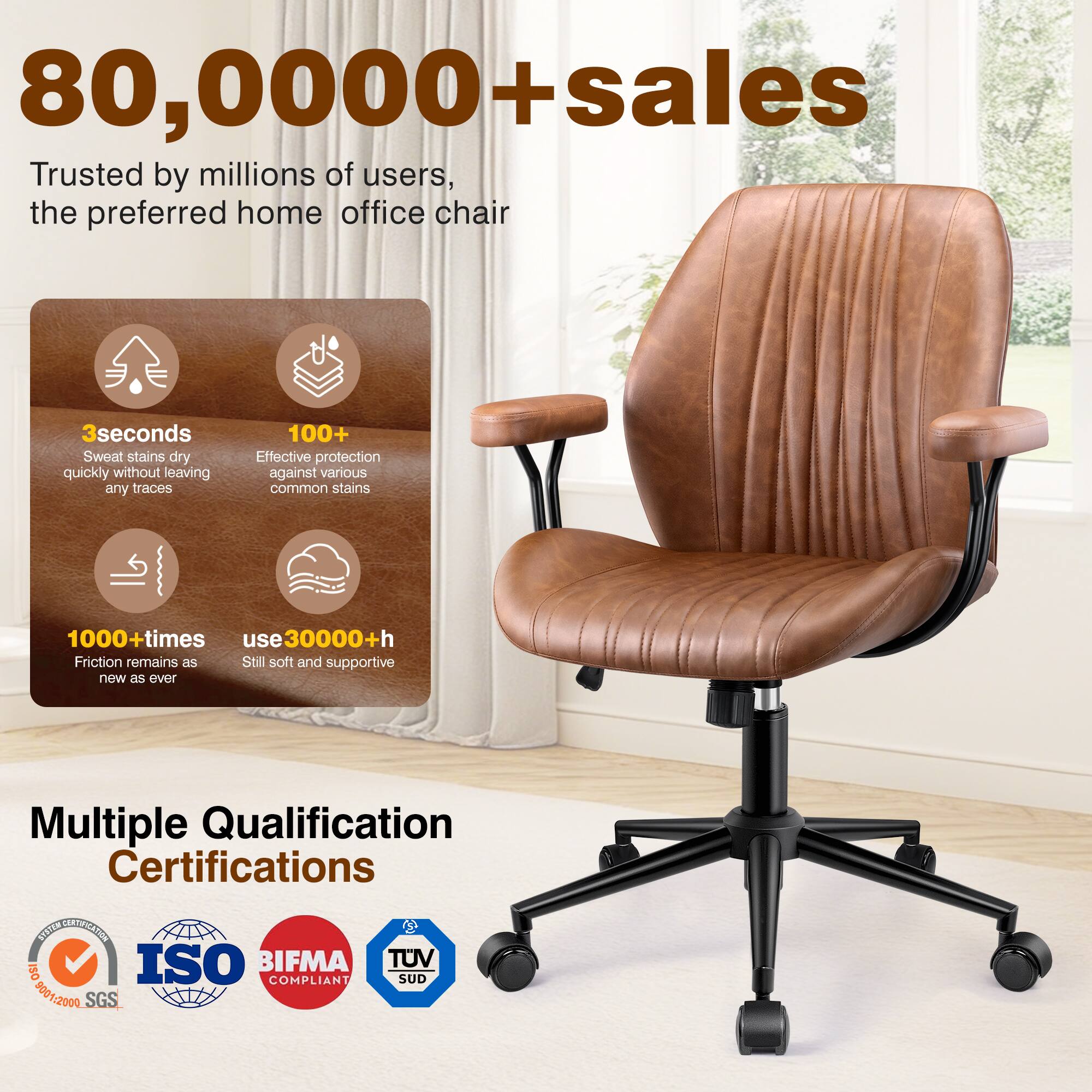 80,000+ sales

Trusted by millions of users, the preferred home office chair

3 seconds
Sweat stains dry quickly without leaving any traces

100+
Effective protection against various common stains

1000+ times
Friction remains as new as ever

use 30000+ h
Still soft and supportive

Multiple Qualification Certifications
ISO 9001:2009 SGS
BIFMA COMPLIANT
TUV SUD