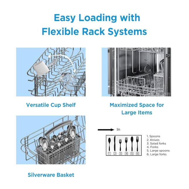 Easy Loading with Flexible Rack Systems

Versatile Cup Shelf

Maximized Space for Large Items

Silverware Basket

In
1. Spoons
2. Knives
3. Salad forks
4. Forks
5. Large spoons
6. Large forks