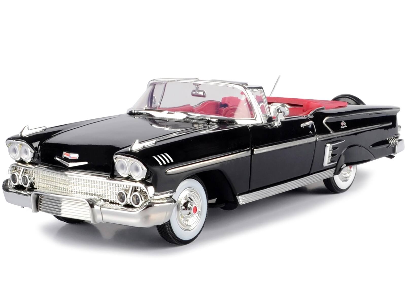 Alt View 1. Motormax - 1958 Chevrolet Impala Convertible Black with Red Interior "Timeless Classics" 1/18  Diecast Model Car by Motormax.
