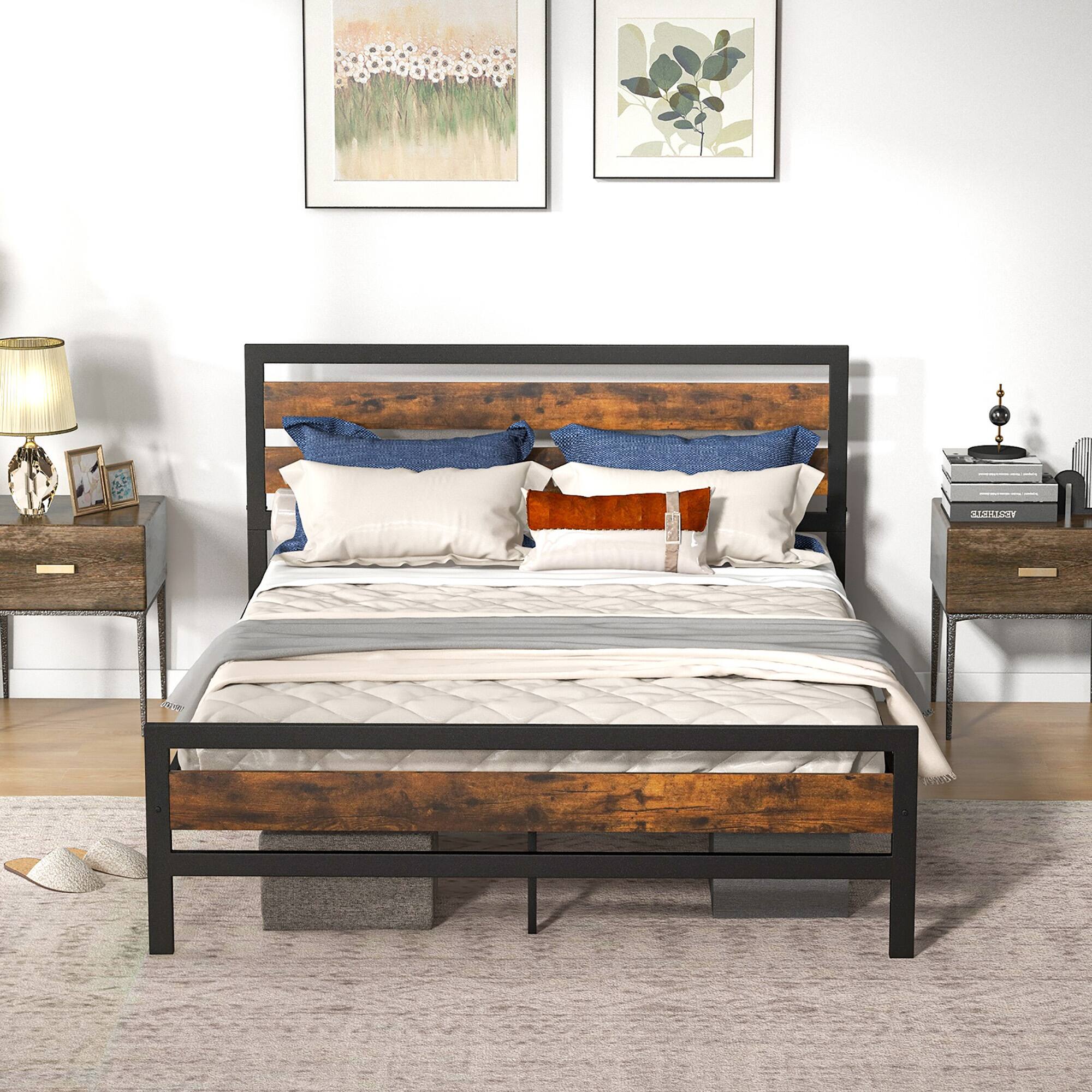 Alt View 3. Costway - Costway Queen Industrial Metal Platform Bed Frame Rustic Headboard Mattress Foundation - Black.