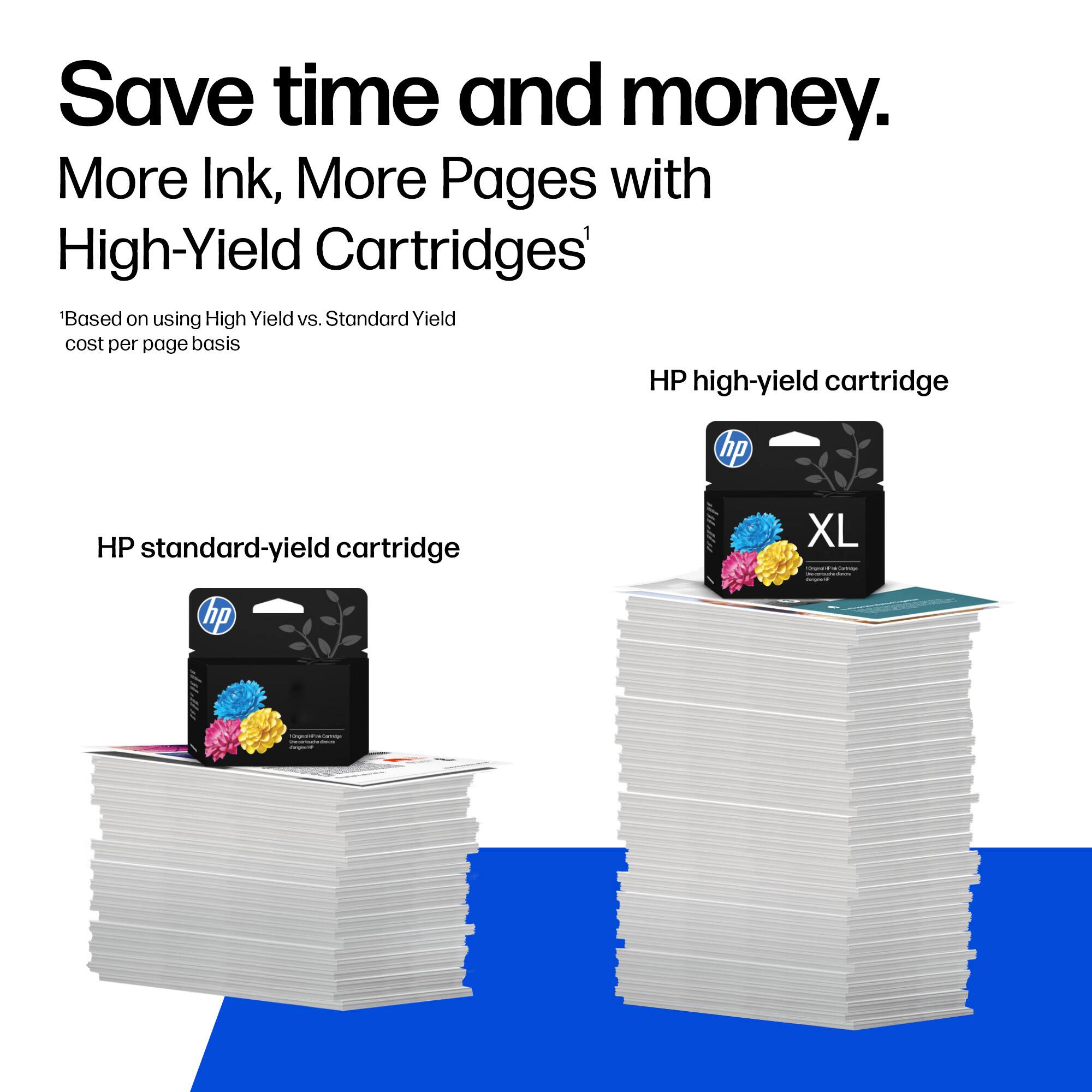 Save time and money.  
More Ink, More Pages with High-Yield Cartridges¹  
¹Based on using High Yield vs. Standard Yield cost per page basis  

HP high-yield cartridge  
HP standard-yield cartridge