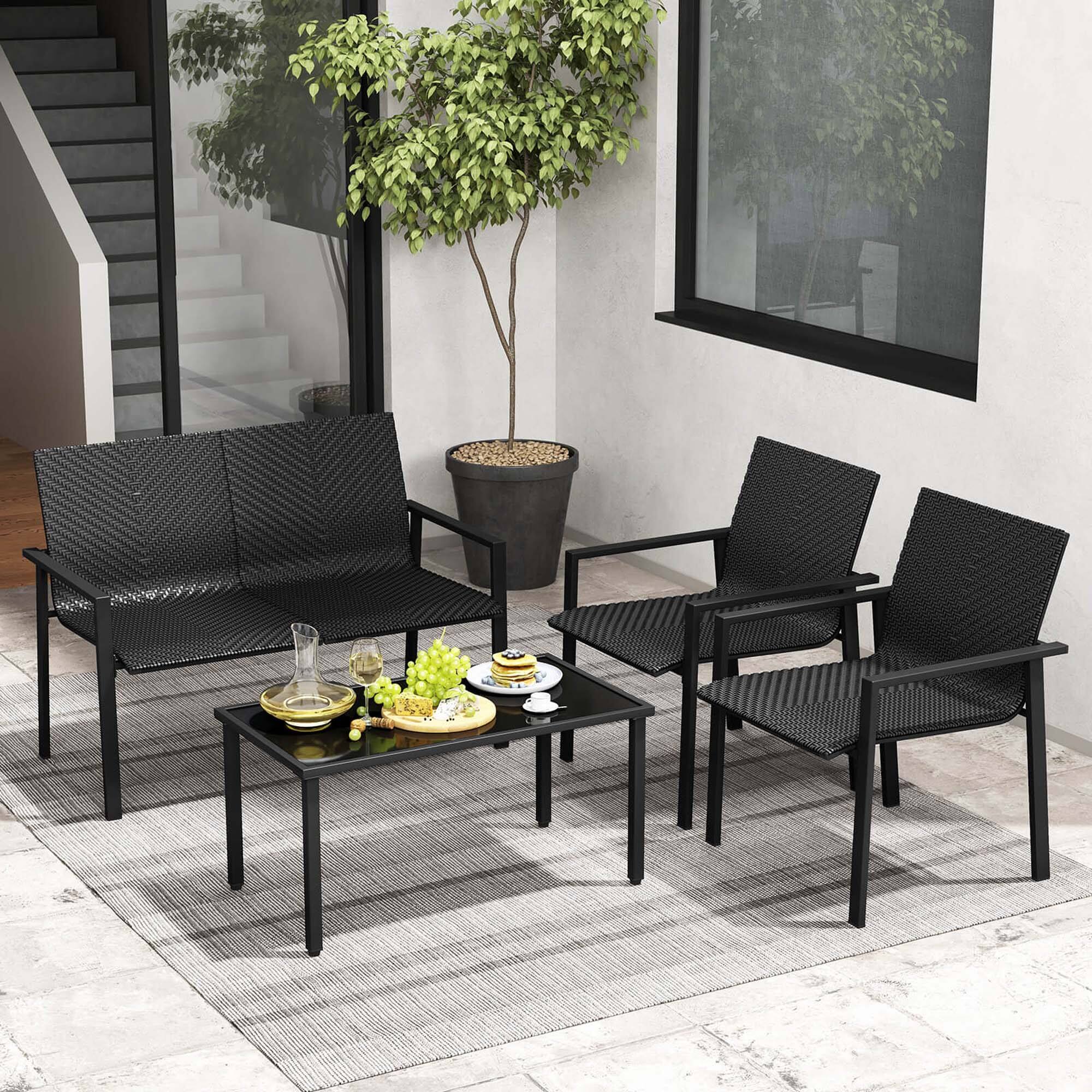 Alt View 7. Costway - 4 PCS Outdoor Wicker Patio Furniture Set w/ Heavy-Duty Galvanized Metal Frame - Black.