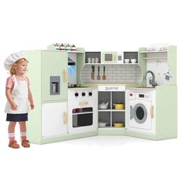 Costway - Corner Play Kitchen Toddler Kitchen Playset with Range Hood, Ice Maker, Microwave - Green