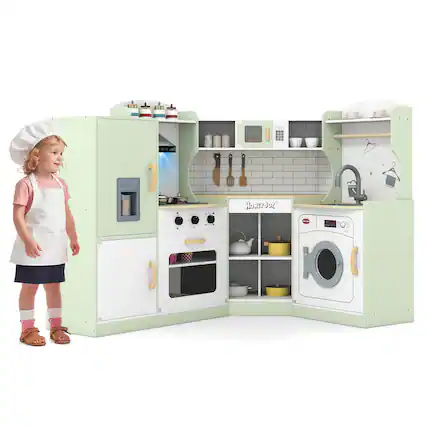 Front. Costway - Costway Corner Play Kitchen Toddler Kitchen Playset with Range Hood, Ice Maker, Microwave - Green.