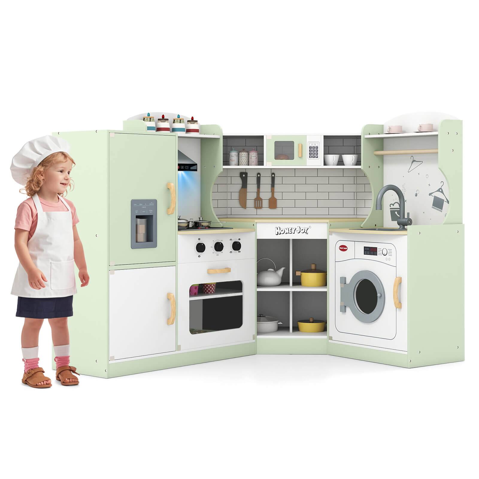 Front. Costway - Costway Corner Play Kitchen Toddler Kitchen Playset with Range Hood, Ice Maker, Microwave - Green.