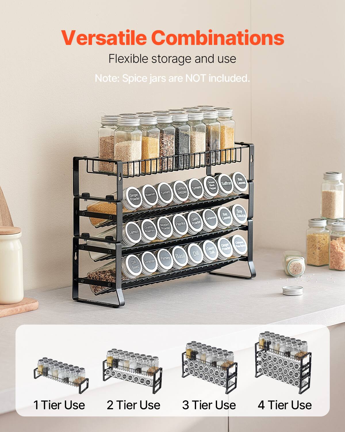 Versatile Combinations  
Flexible storage and use  
Note: Spice jars are NOT included.  

1 Tier Use  
2 Tier Use  
3 Tier Use  
4 Tier Use