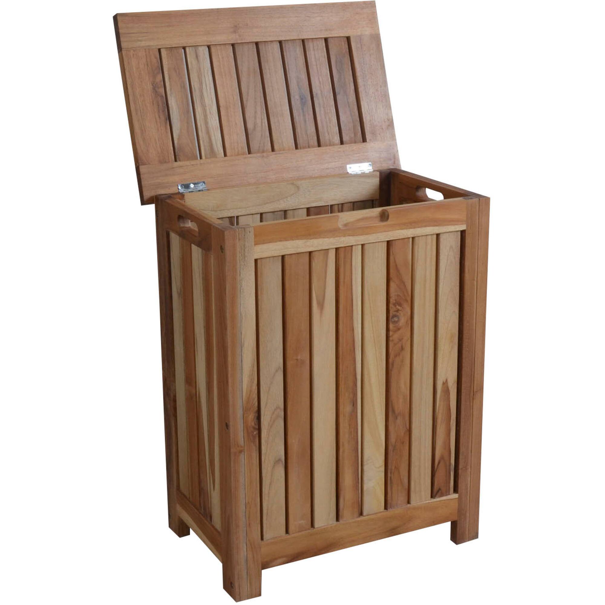 Angle. EcoDecors - EcoDecors® Eleganto® 18" Teak Wood Double Laundry Storage Hamper with Removable Bags in EarthyTeak Finish - EarthyTeak.