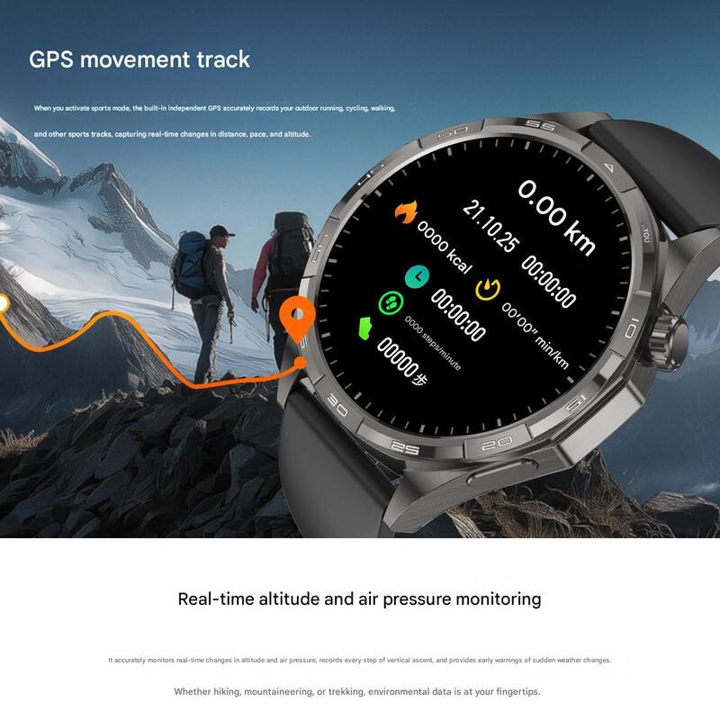 GPS movement track

When you activate sports mode, the built-in independent GPS accurately records your outdoor running, cycling, walking, and other sports tracks, capturing real-time changes in distance, pace, and altitude.

BO A 21.10.25 0.00 km 0000 kcal 00:00:00 0000 00:00:00 00'00" 00000 steps/minute min/km 30 25 20

Real-time altitude and air pressure monitoring

It accurately monitors real-time changes in altitude and air pressure, records every step of vertical ascent, and provides early warnings of sudden weather changes. Whether hiking, mountaineering, or trekking, environmental data is at your fingertips.