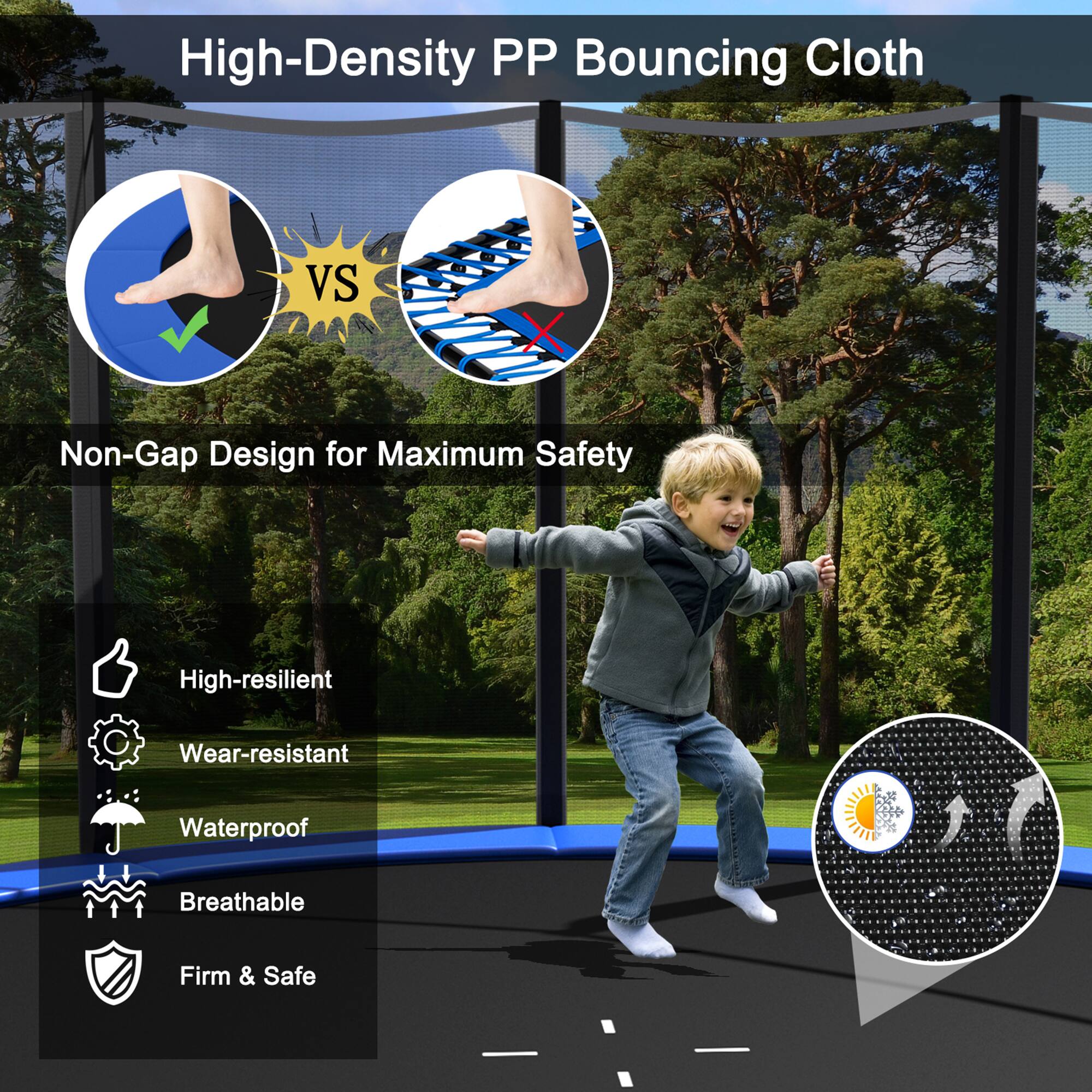 High-Density PP Bouncing Cloth

Non-Gap Design for Maximum Safety

High-resilient  
Wear-resistant  
Waterproof  
Breathable  
Firm & Safe