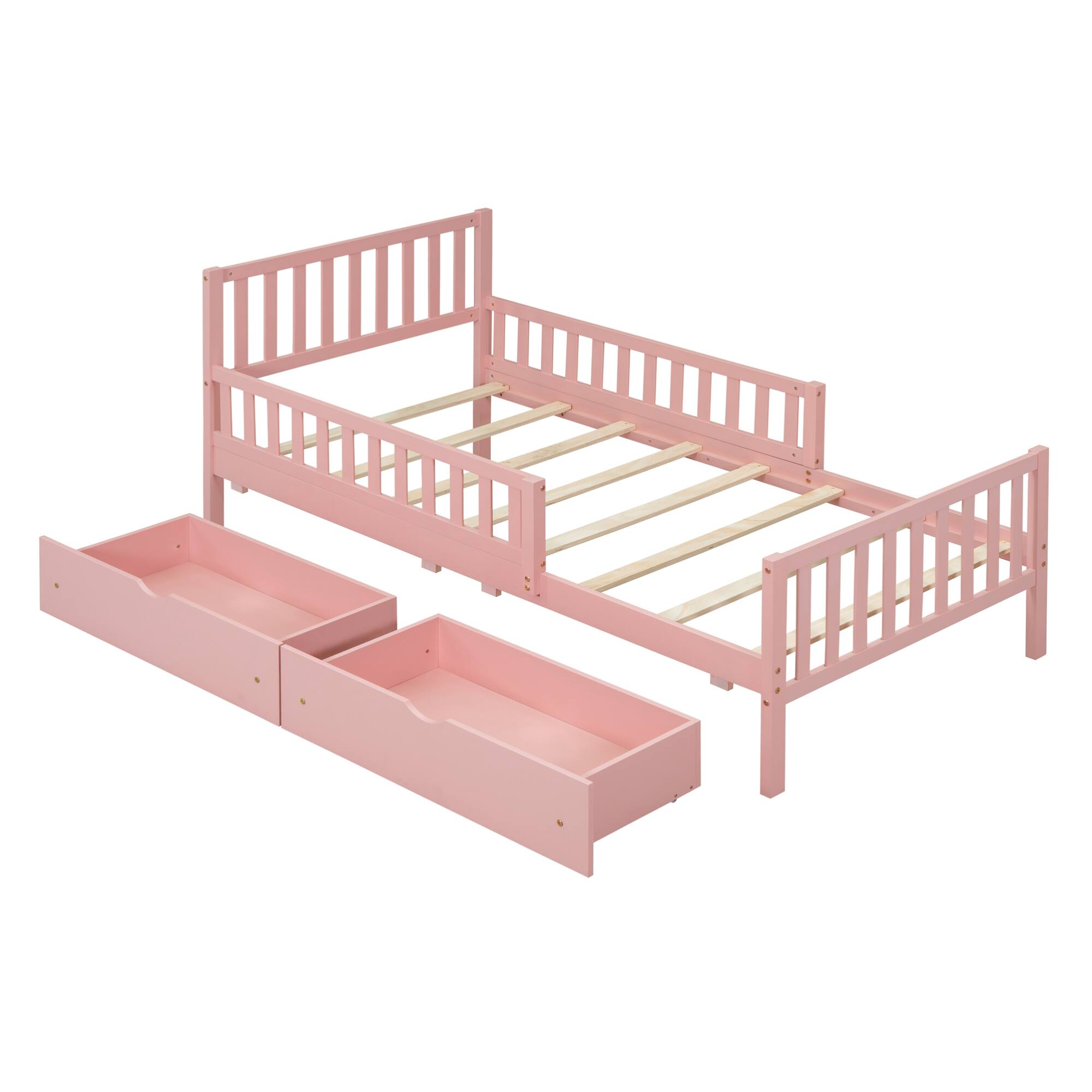 Left. GOODSILO - Twin Size Wood Platform Bed with Dual Guardrails and Underbed Storage Drawers for Enhanced Safety and Organization - Pink.