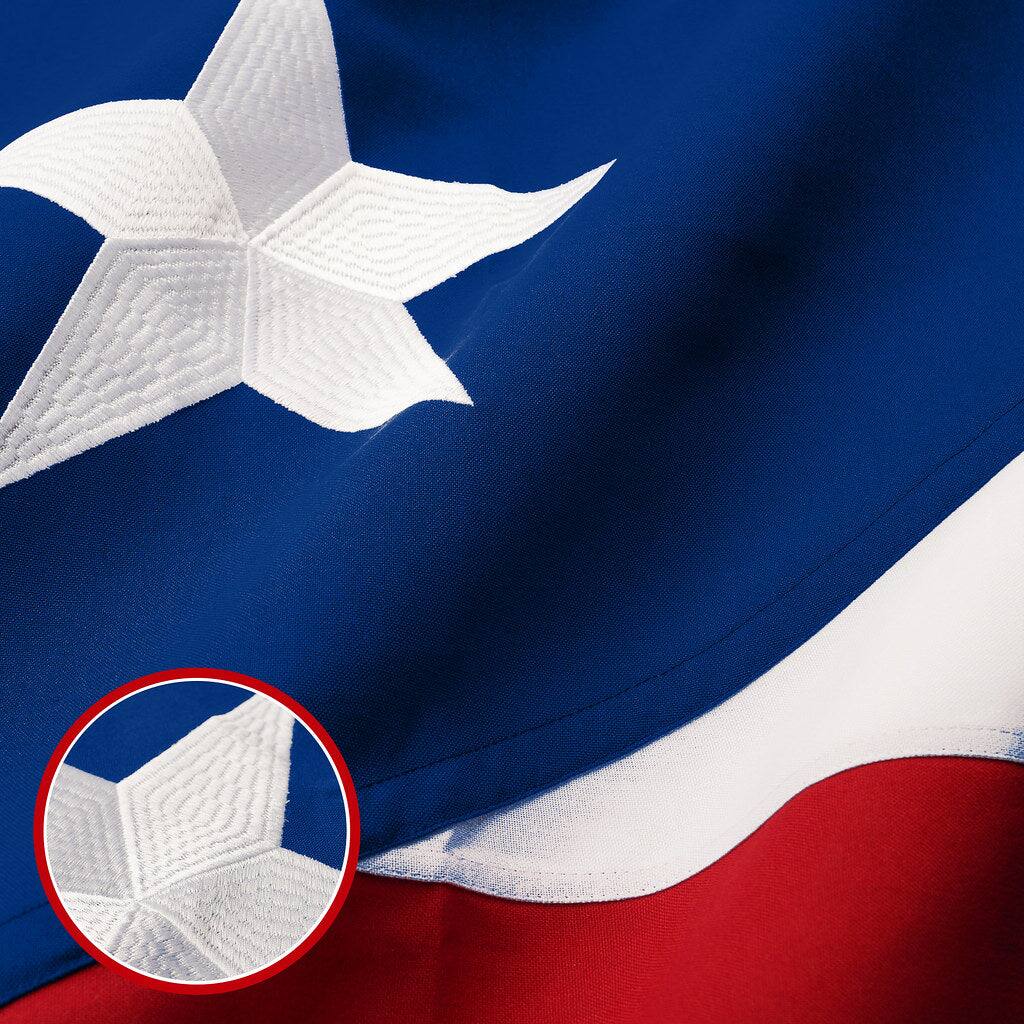 Angle. G128 - Puerto Rico Flag, 3x5 ft Heavyweight 220GSM Embroidered Spun Polyester with Brass Grommets. - Assorted Colors.