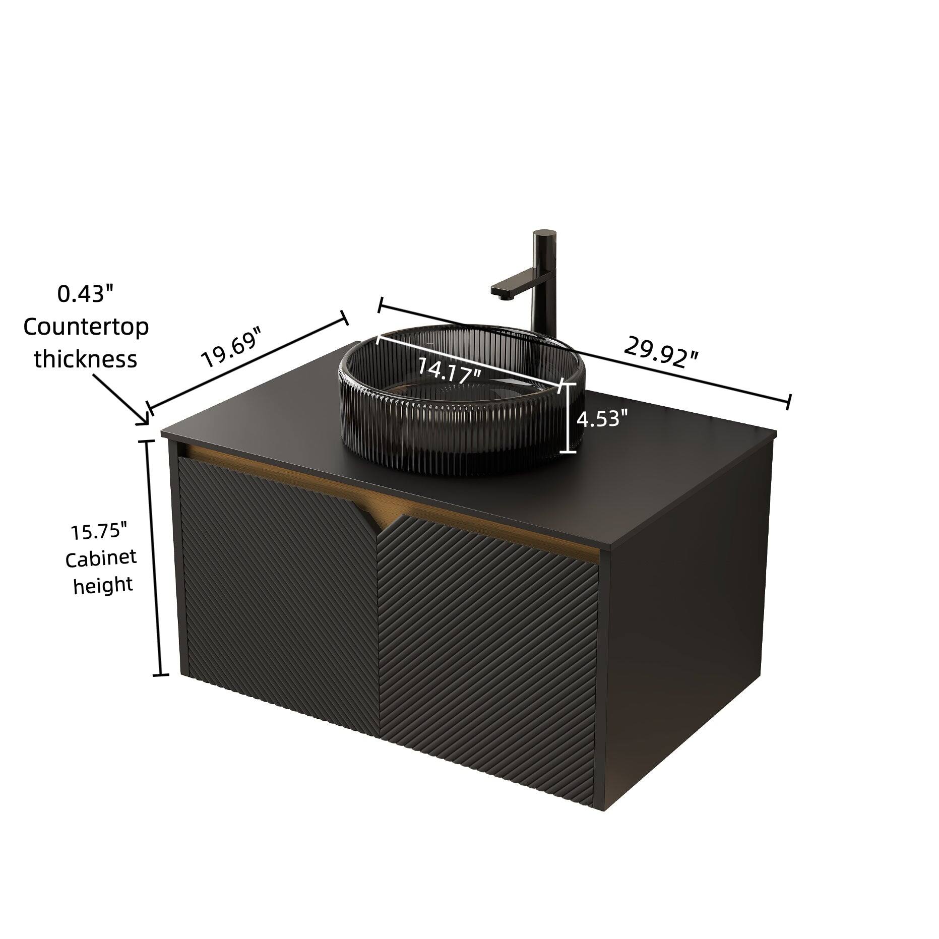 - Countertop thickness: 0.43"
- Cabinet height: 15.75"
- Sink dimensions: 19.69" x 14.17"
- Faucet height: 4.53"
- Overall width: 29.92"