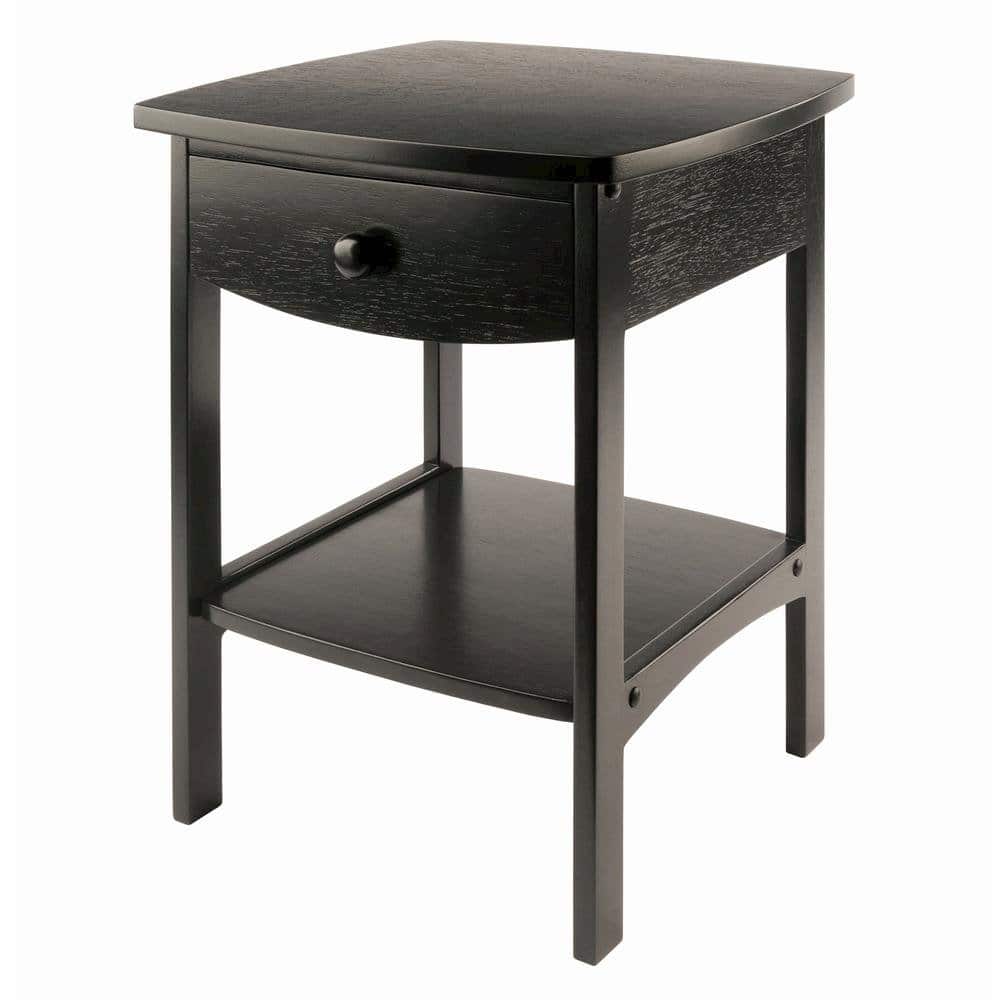 FurniFact - Mid Century Nightstand In Solid Wood Finish With Drawer And Shelf - Black