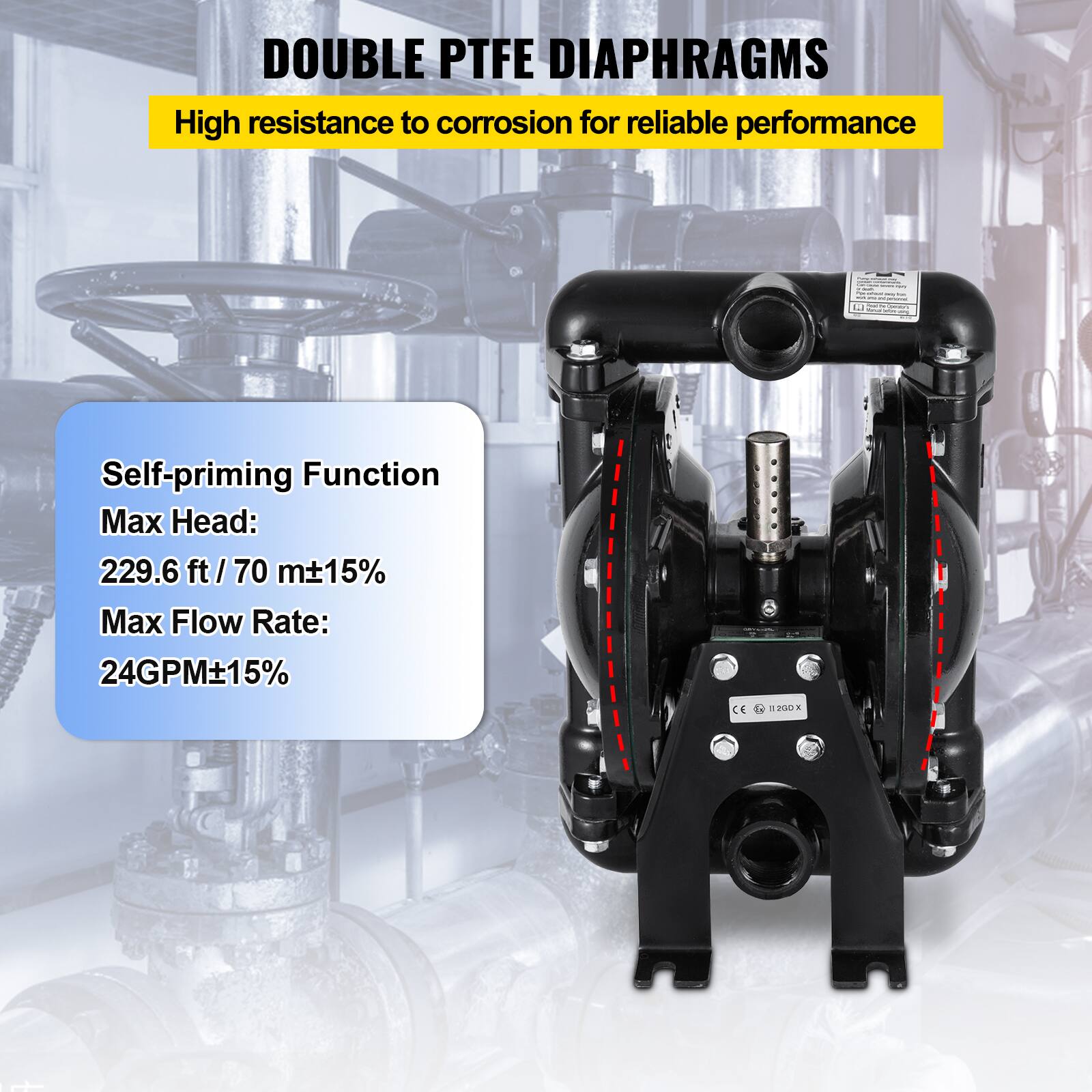 DOUBLE PTFE DIAPHRAGMS  
High resistance to corrosion for reliable performance  

Self-priming Function  
Max Head: 229.6 ft / 70 m ±15%  
Max Flow Rate: 24GPM ±15%