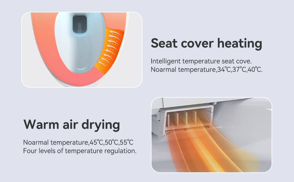 Seat cover heating  
Intelligent temperature seat cover.  
Normal temperature, 34°C, 37°C, 40°C.

Warm air drying  
Normal temperature, 45°C, 50°C, 55°C  
Four levels of temperature regulation.