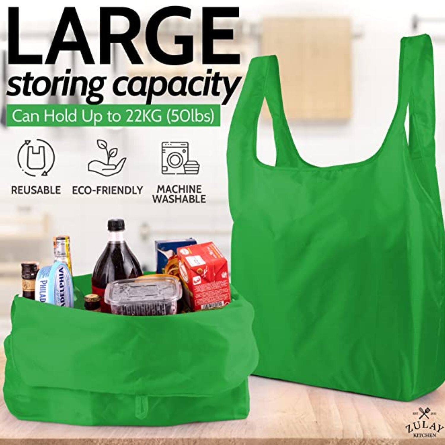 LARGE  
storing capacity  
Can Hold Up to 22KG (50lbs)  

REUSABLE  
ECO-FRIENDLY  
MACHINE WASHABLE  

ZULAY KITCHEN