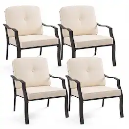 Costway - 4 PCS Patio Metal Chairs Outdoor Dining Seat Heavy Duty with Cushions Garden - Beige