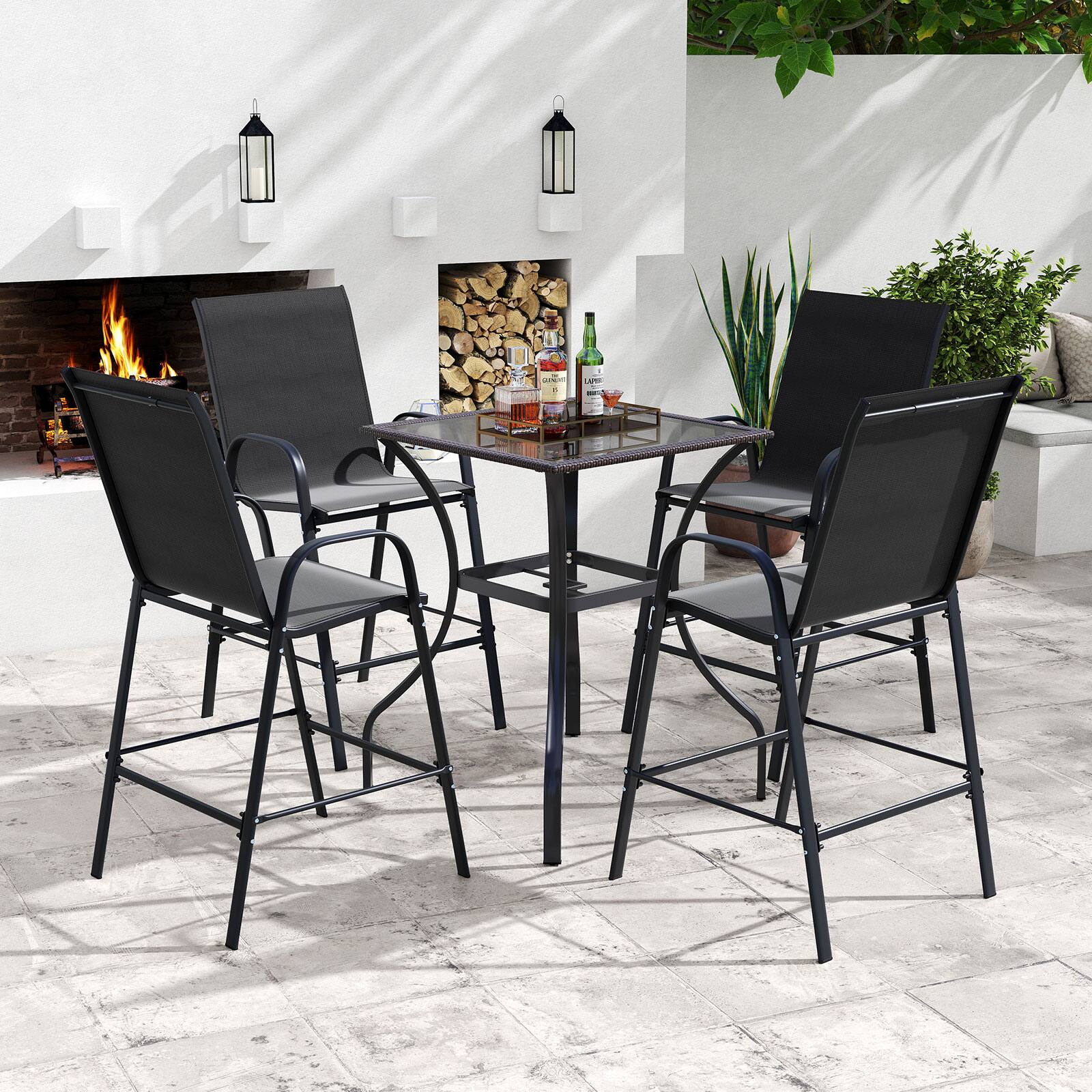 Alt View 3. Gymax - Gymax 4PCS Outdoor Bar Stools 29'' Fabric Bar Height Stools w/ Armrests & Footrest Black - Black.