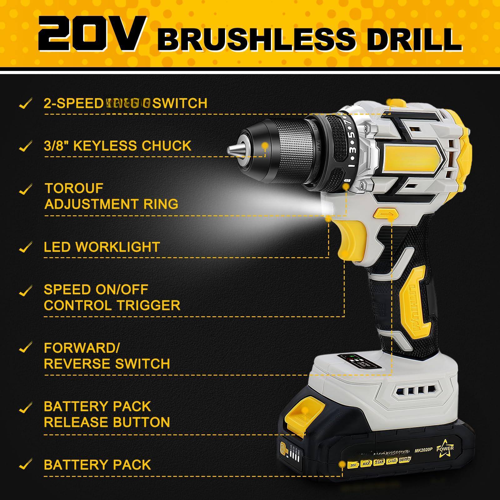 20V BRUSHLESS DRILL

- 2-SPEED SPEED SWITCH
- 3/8" KEYLESS CHUCK
- TORQUE ADJUSTMENT RING
- LED WORKLIGHT
- SPEED ON/OFF CONTROL TRIGGER
- FORWARD/REVERSE SWITCH
- BATTERY PACK RELEASE BUTTON
- BATTERY PACK