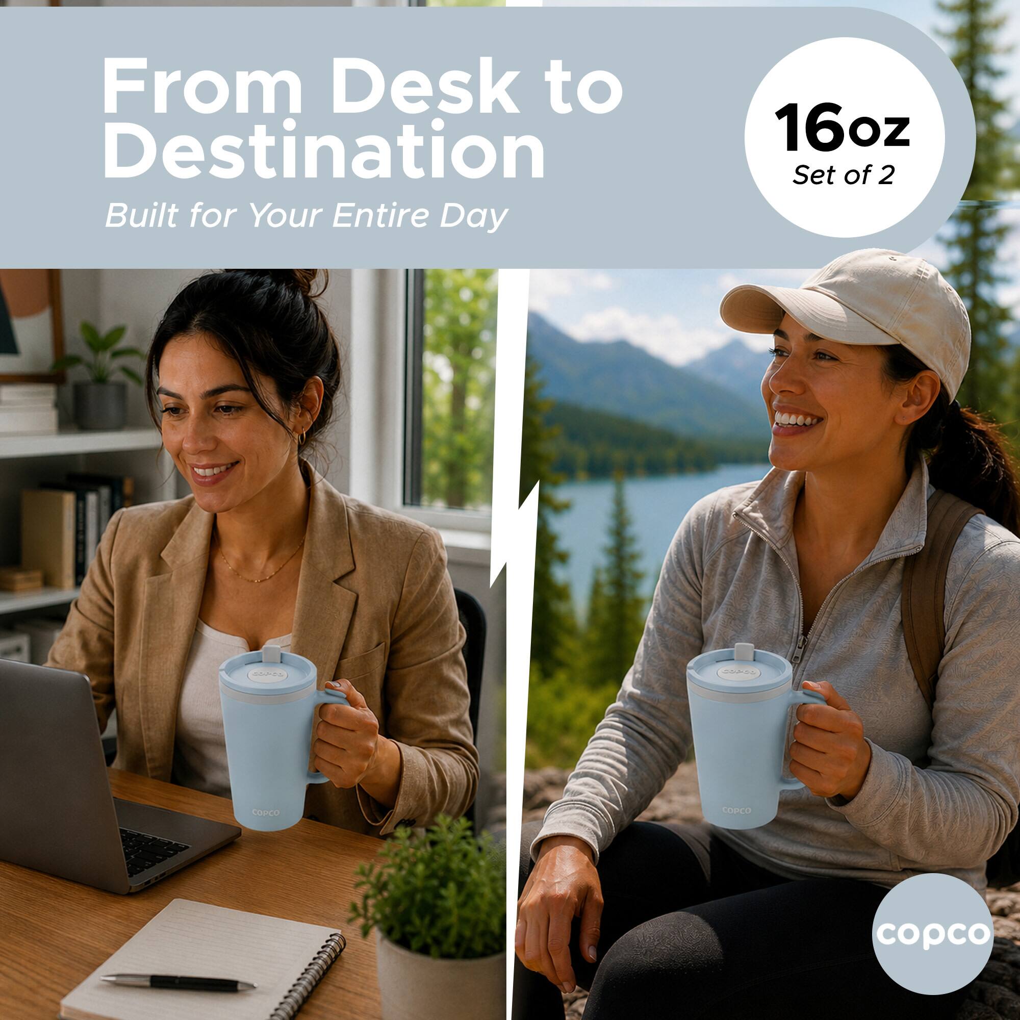 From Desk to Destination  
Built for Your Entire Day  
16oz Set of 2  
CPRS CORAL  
COPCO