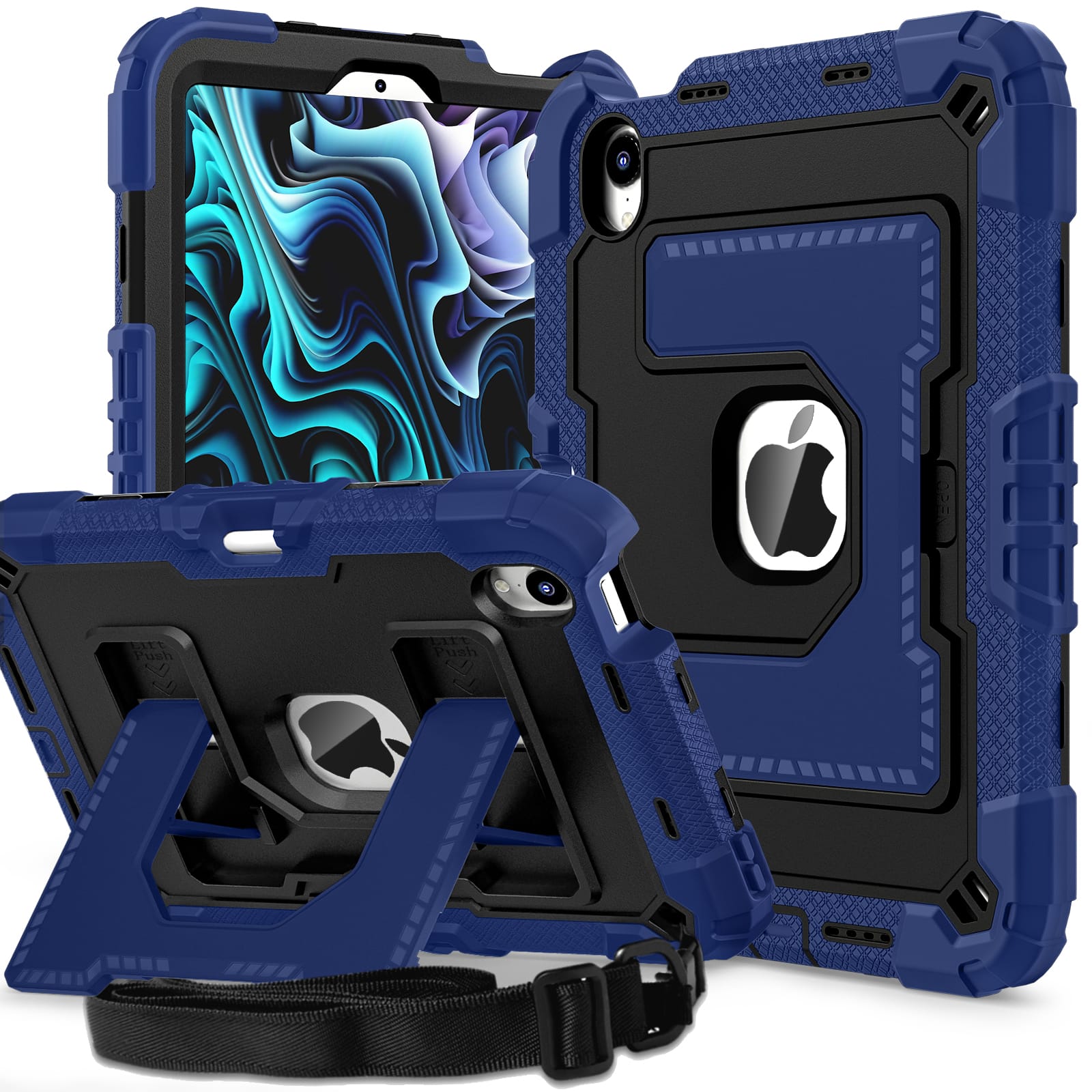 Dteck - Heavy Duty Rugged Case for iPad mini 7 (A17 Pro) 2024/ Mini 6 8.3'' with Multi-Angle Kickstand and Shoulder Strap - Navy Blue+Black