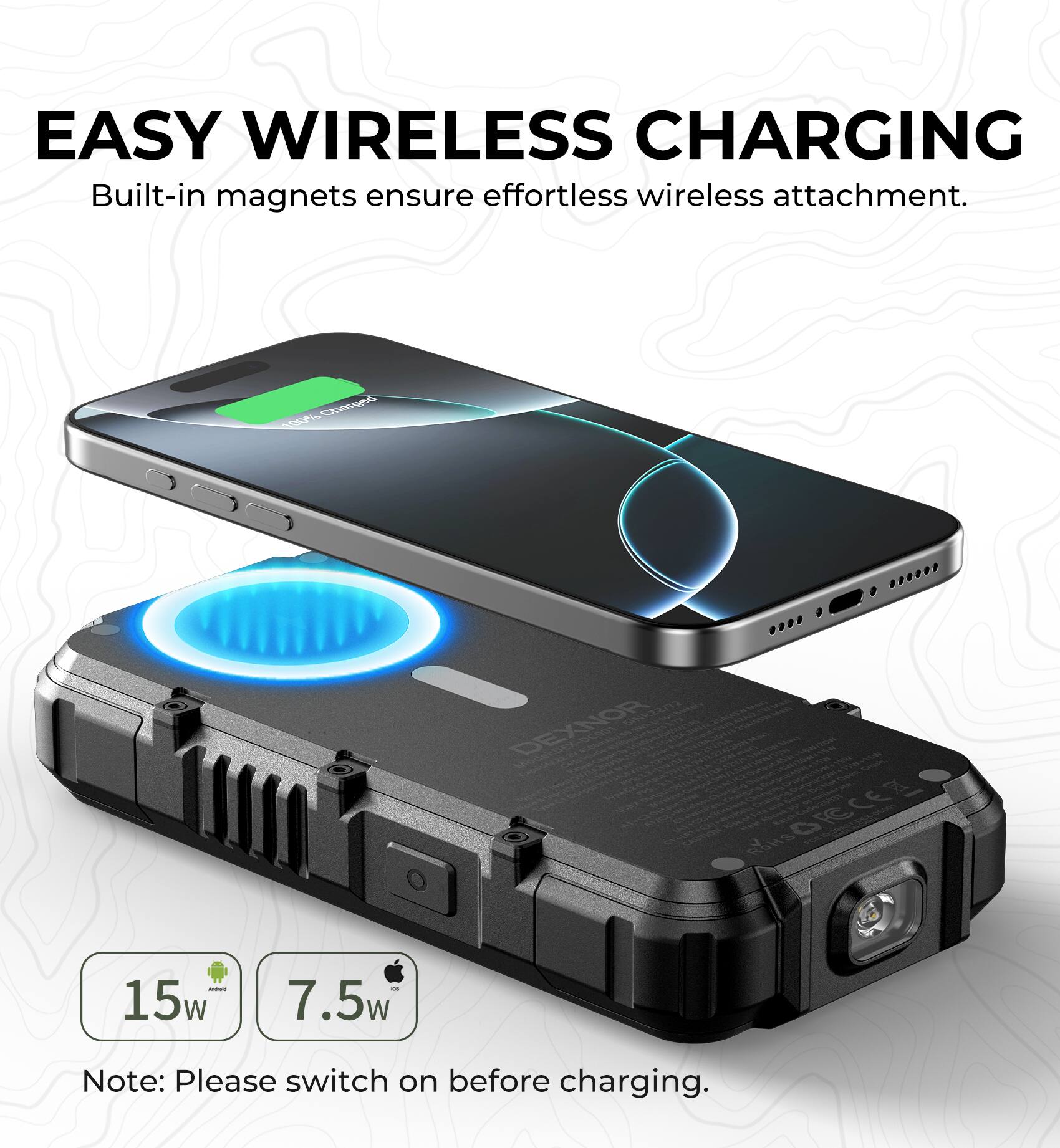 EASY WIRELESS CHARGING  
Built-in magnets ensure effortless wireless attachment.  

Orpo GSP DEXNOR - 15w 7.5w  

Note: Please switch on before charging.
