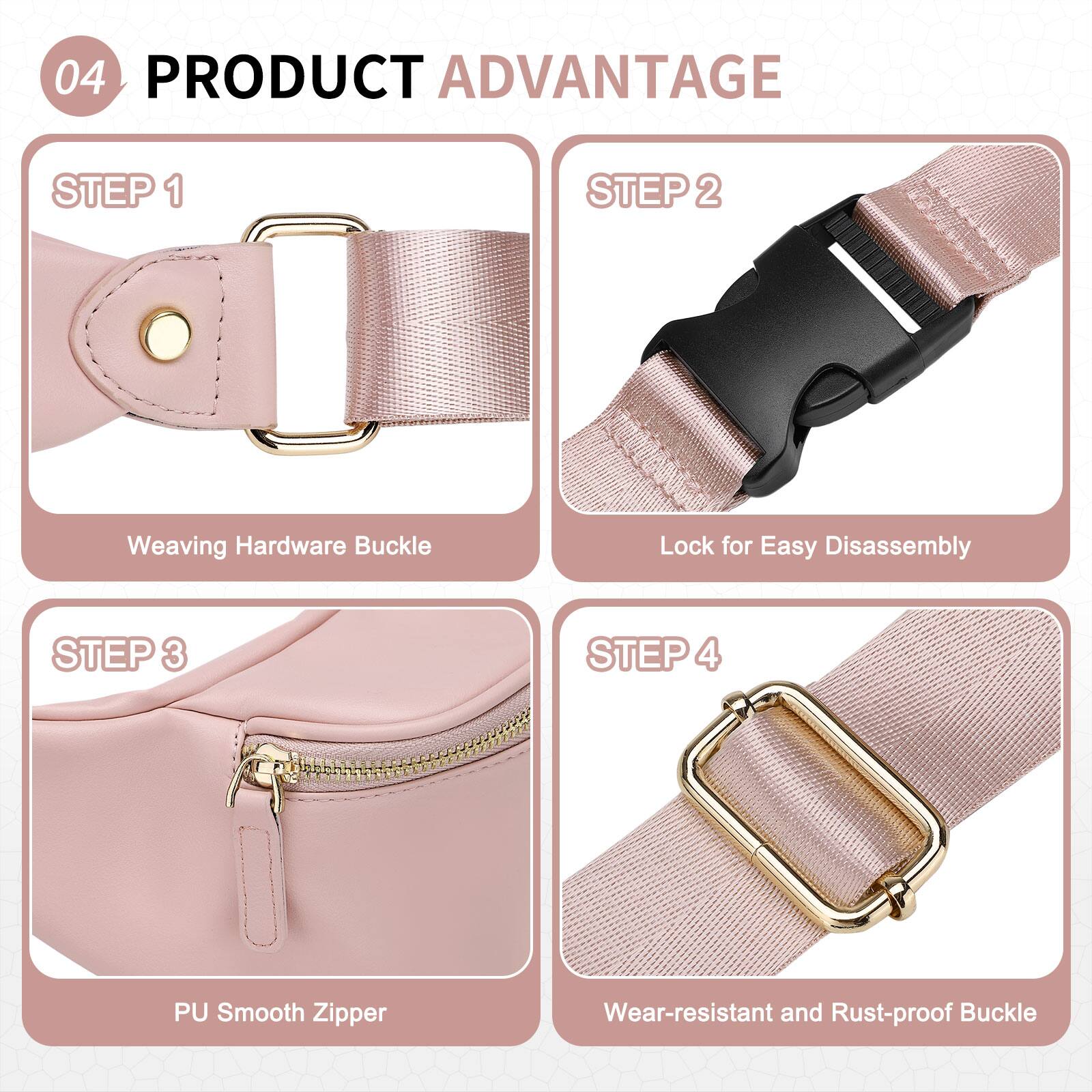 04 PRODUCT ADVANTAGE

STEP 1  
Weaving Hardware Buckle

STEP 2  
Lock for Easy Disassembly

STEP 3  
PU Smooth Zipper

STEP 4  
Wear-resistant and Rust-proof Buckle