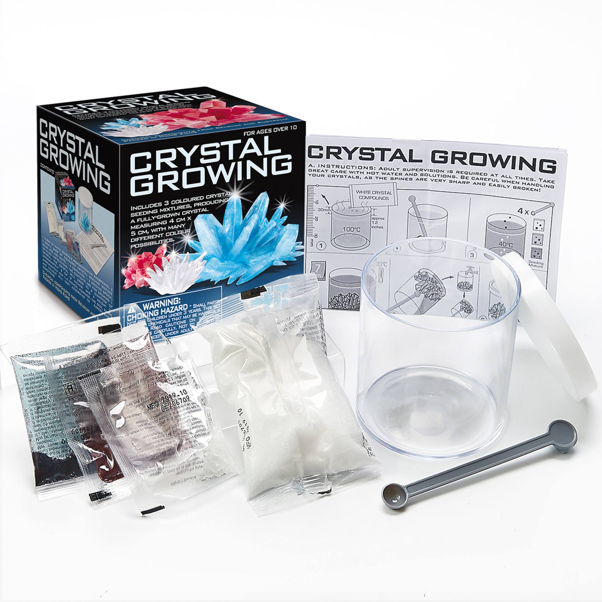 Crystal Growing

For ages over 10

Instructions: Adult supervision is required at all times. Take care with hot water and be careful as the crystals are very sharp and easily broken! Handling coloured compounds

Includes 3 coloured crystal growing mixtures, producing a fully-grown 4 cm x 4 cm crystal with many different colour possibilities

Warning: Choking hazard - small parts. Not for children under 3 years.