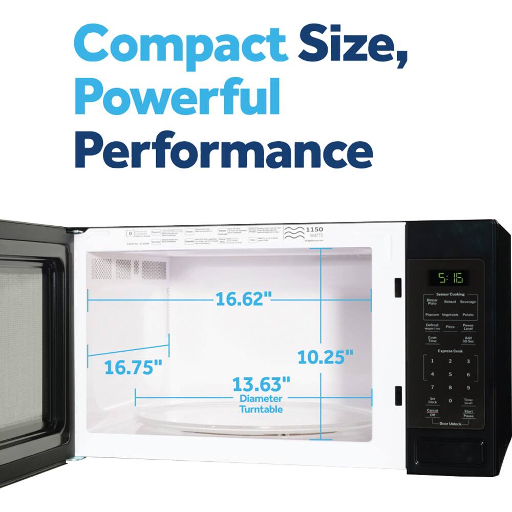 Compact Size, Powerful Performance  
1150 W  
16.62" S: 16  
Cooking - Rutaua - o Ren - mprtaoe Potato - Pass  
16.75" 10.25" 13.63"  
Diameter Turntable  
Express Cook  
1 2 3 4 5 6 7 8 9 0  
Start