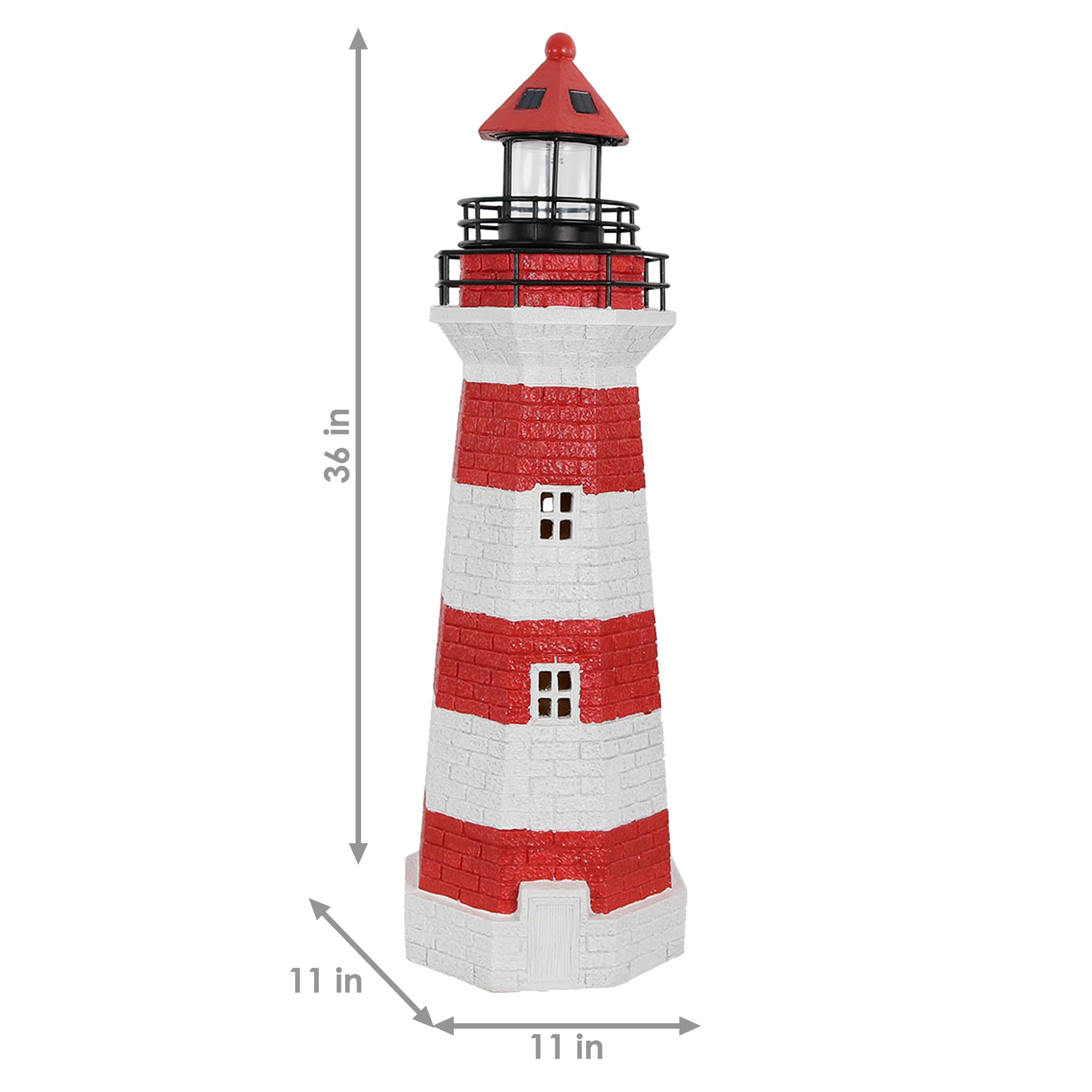 Alt View 2. Sunnydaze - 36 in Resin and Metal Solar LED Lighthouse Statue - Red Stripe.