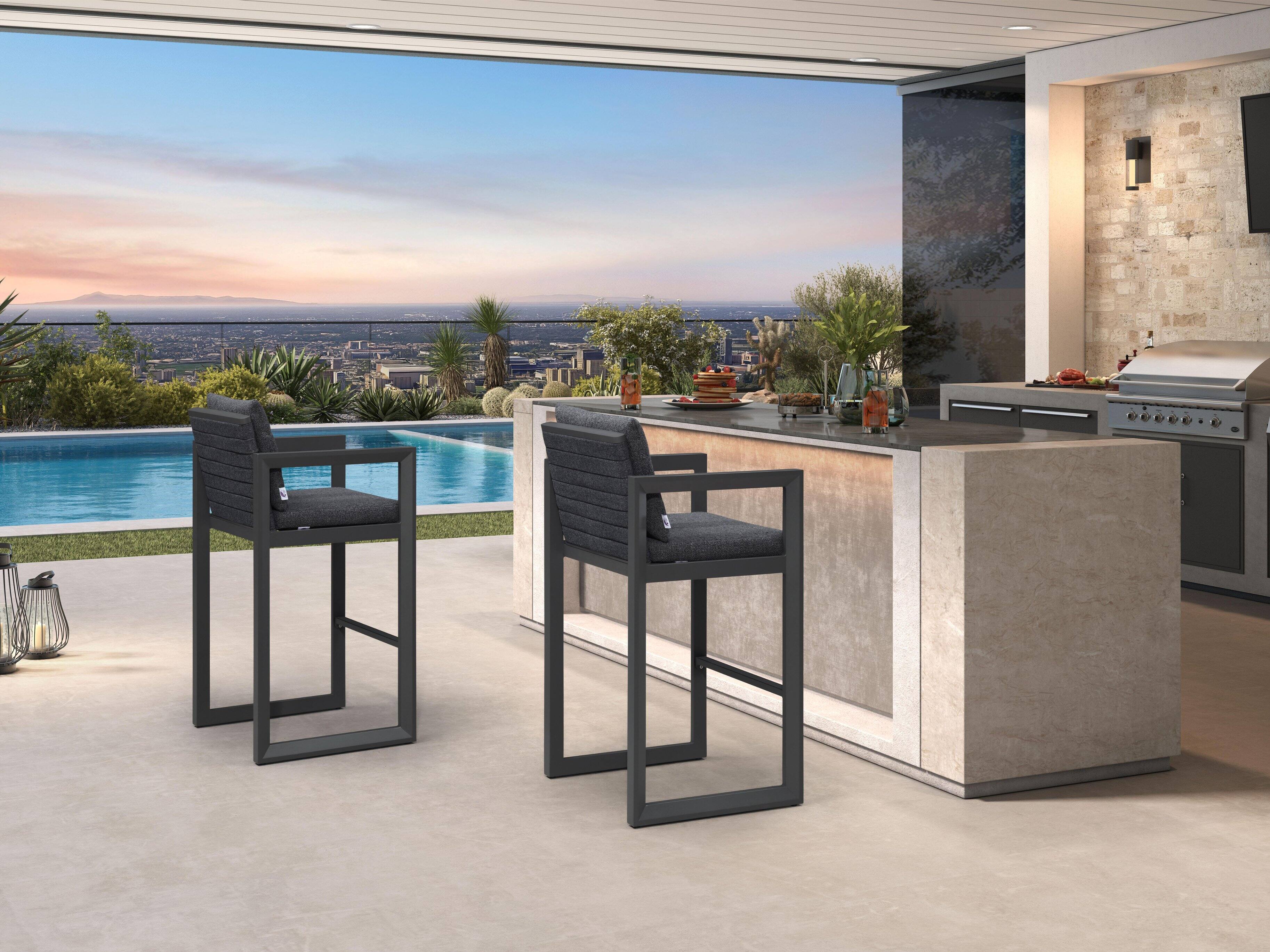 Alt View 1. PURPLE LEAF - Outdoor Caesar Bar Stools Set of 2 Modern Aluminum Barstools with Stainless Removable Cushion for Kitchen Outside Island - Dark Grey-Bar Stool.
