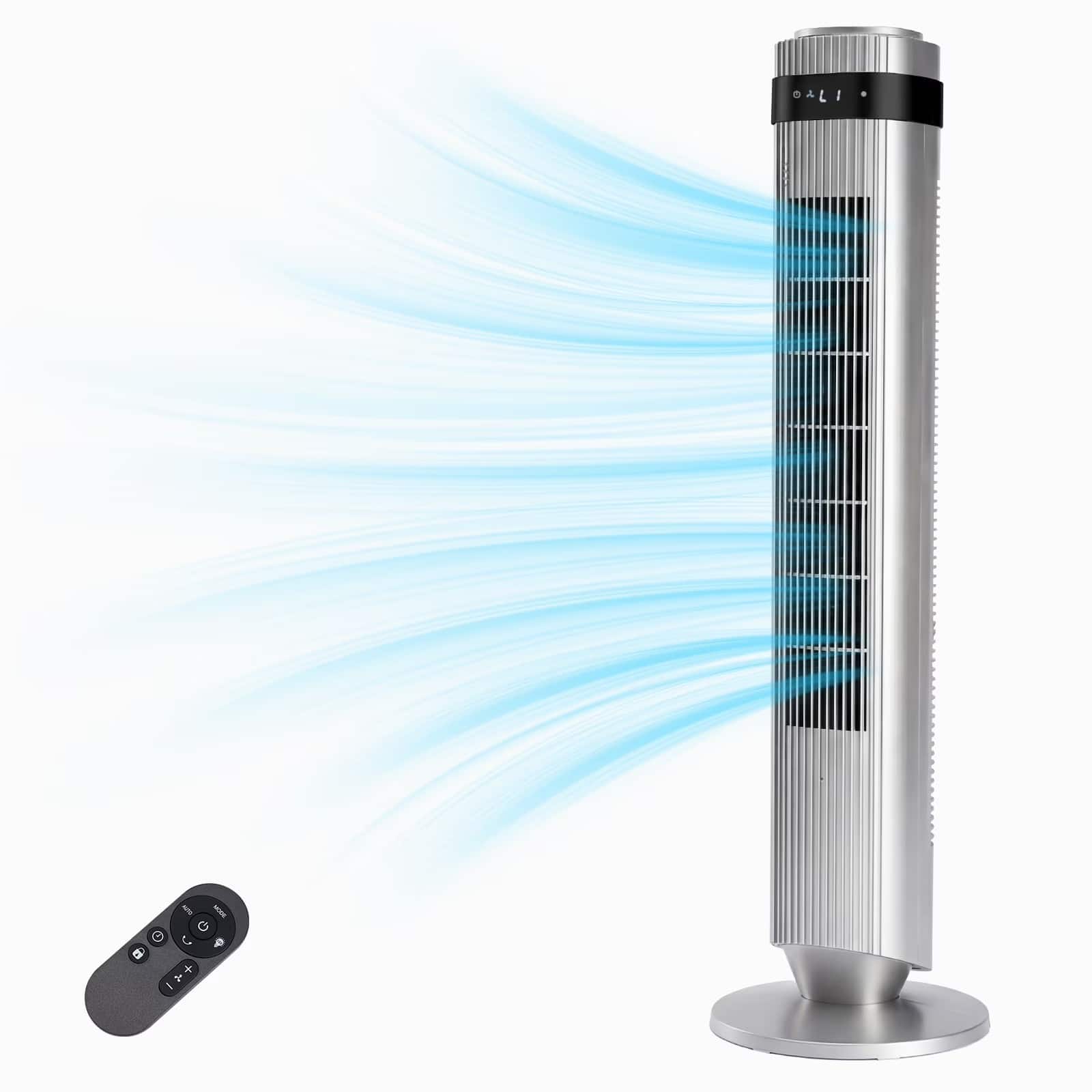 Sweet - 36" Bladeless Tower Fan with 5 Speeds, 64° Oscillation, Remote Control & 12-Hour Timer - Gray