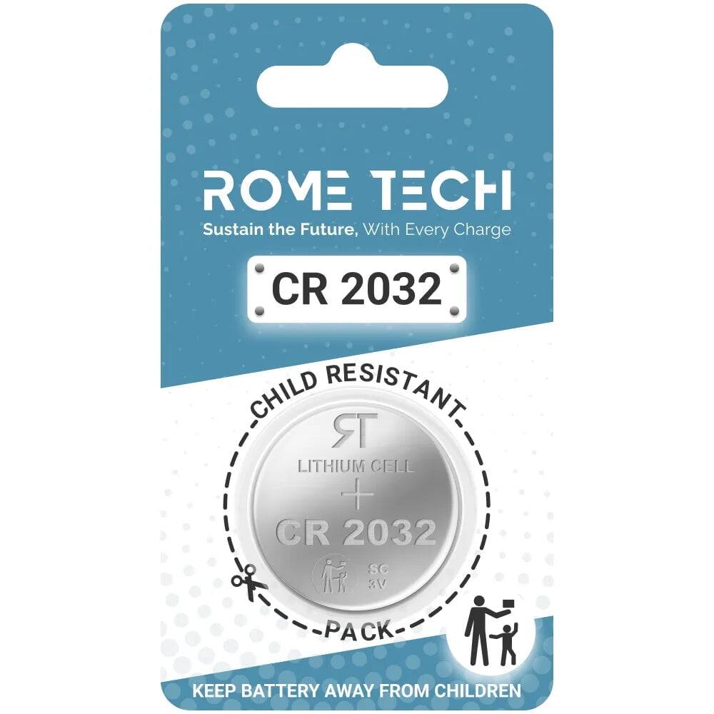 ROME TECH  
Sustain the Future, With Every Charge  

CR 2032  
CHILD RESISTANT LITHIUM CELL  
CR 2032  
SC 3V  
PACK  

KEEP BATTERY AWAY FROM CHILDREN