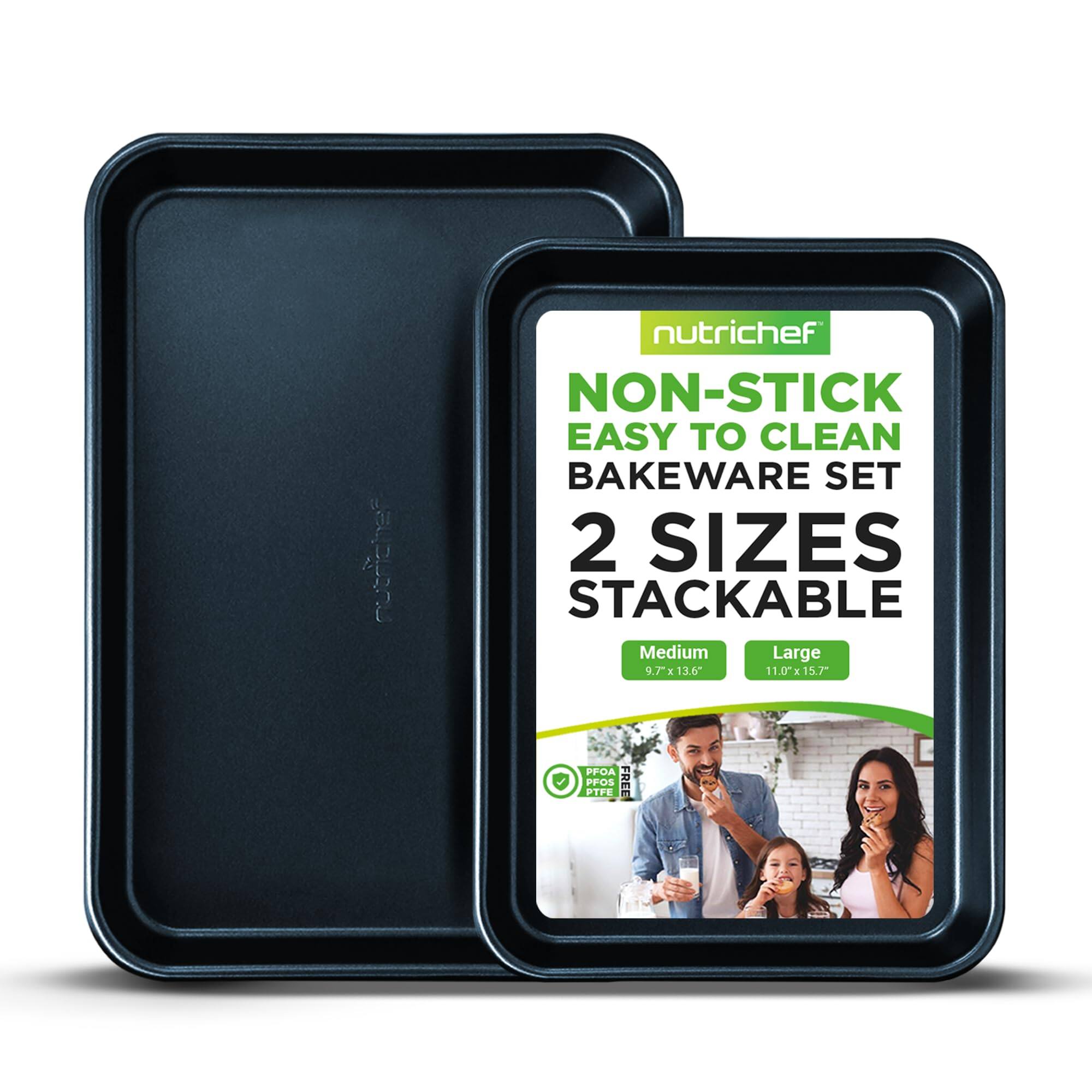 nutrichef NON-STICK EASY TO CLEAN BAKEWARE SET 2 SIZES STACKABLE Medium Large 9.7" x 13.6" 11.0" x 15.7" PFOA PFOS PTFE FREE