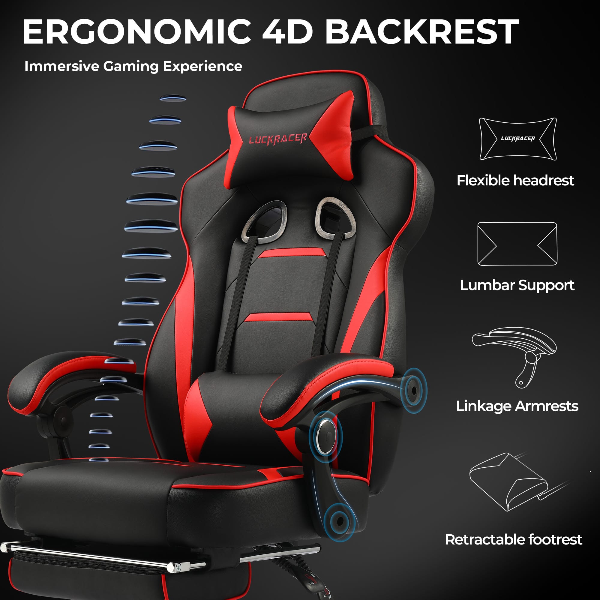 Ergonomic 4D Backrest Immersive Gaming Experience LuckRacer LuckRacer Flexible headrest Lumbar Support Linkage Armrests Retractable footrest