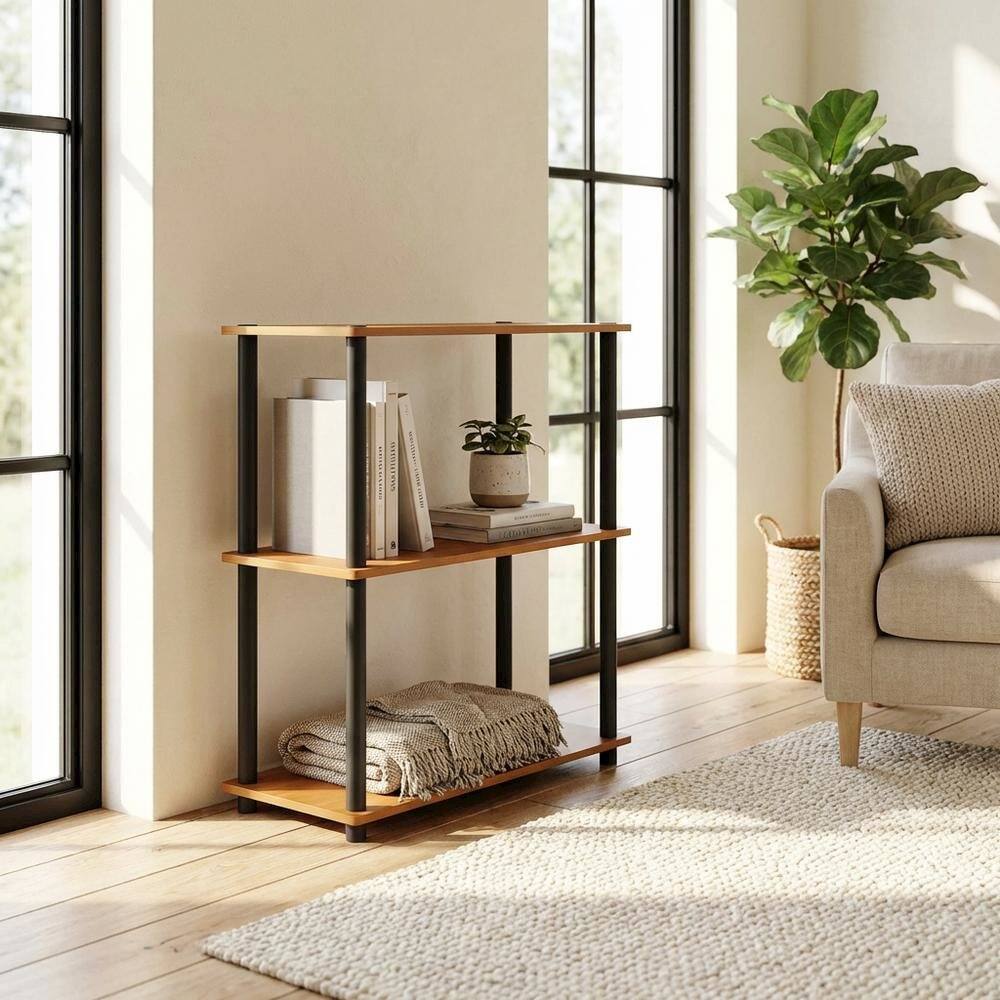 Left. FurniFact - Wood Bookcase with Open Shelving and Sturdy Construction for Living Room Storage - Light Cherry/Black.