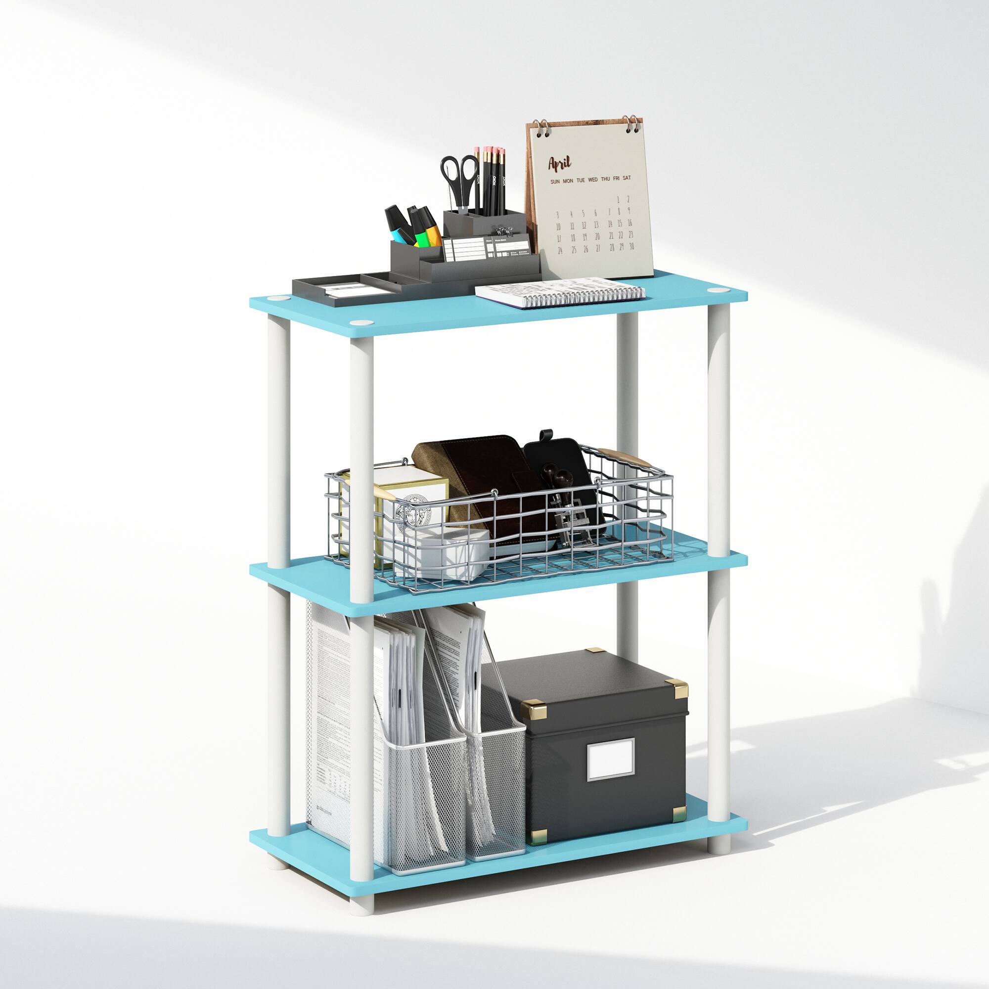 Alt View 2. Furinno - Turn-N-Tube 3-Tier Multipurpose Compact Display Rack, Shelving Unit, Bookcase - Light Blue/White.