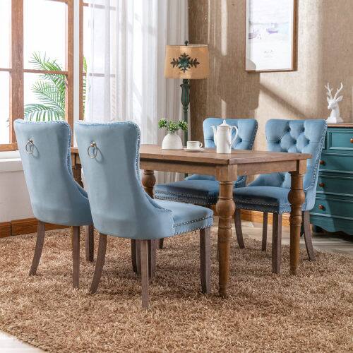 Alt View 3. LUCKY ONE - Assembled Tufted Velvet Dining Chair Set of 2 with Wood Legs Nailhead Trim High Back - Light Blue.
