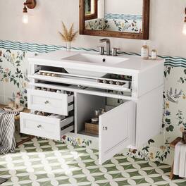 Whisen - 36" Wall Mounted Bathroom Vanity Cabinet with 3 Holes Single Ceramic Sink 2 Drawers 1 Tip-out Drawer - White