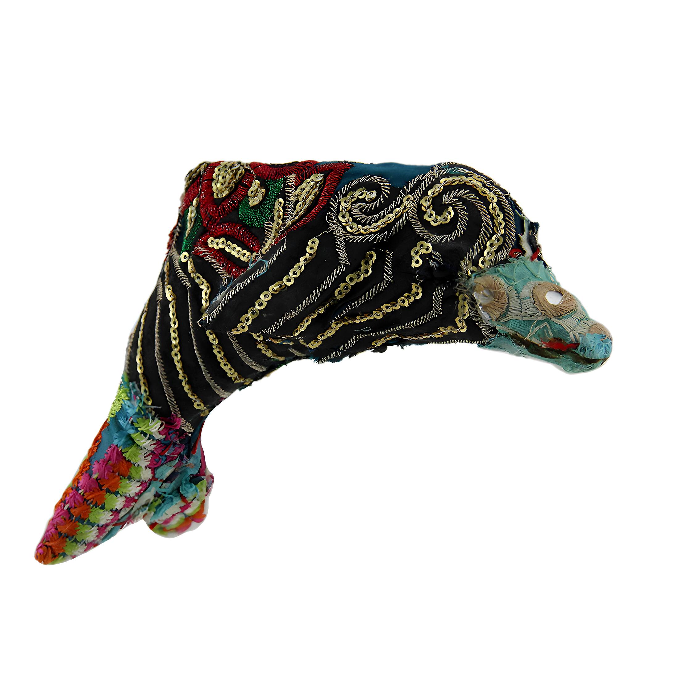 Front. Zeckos - Colorful Vintage Indian Sari Fabricated Fabric Wrapped Dolphin Sculpture - Blue.