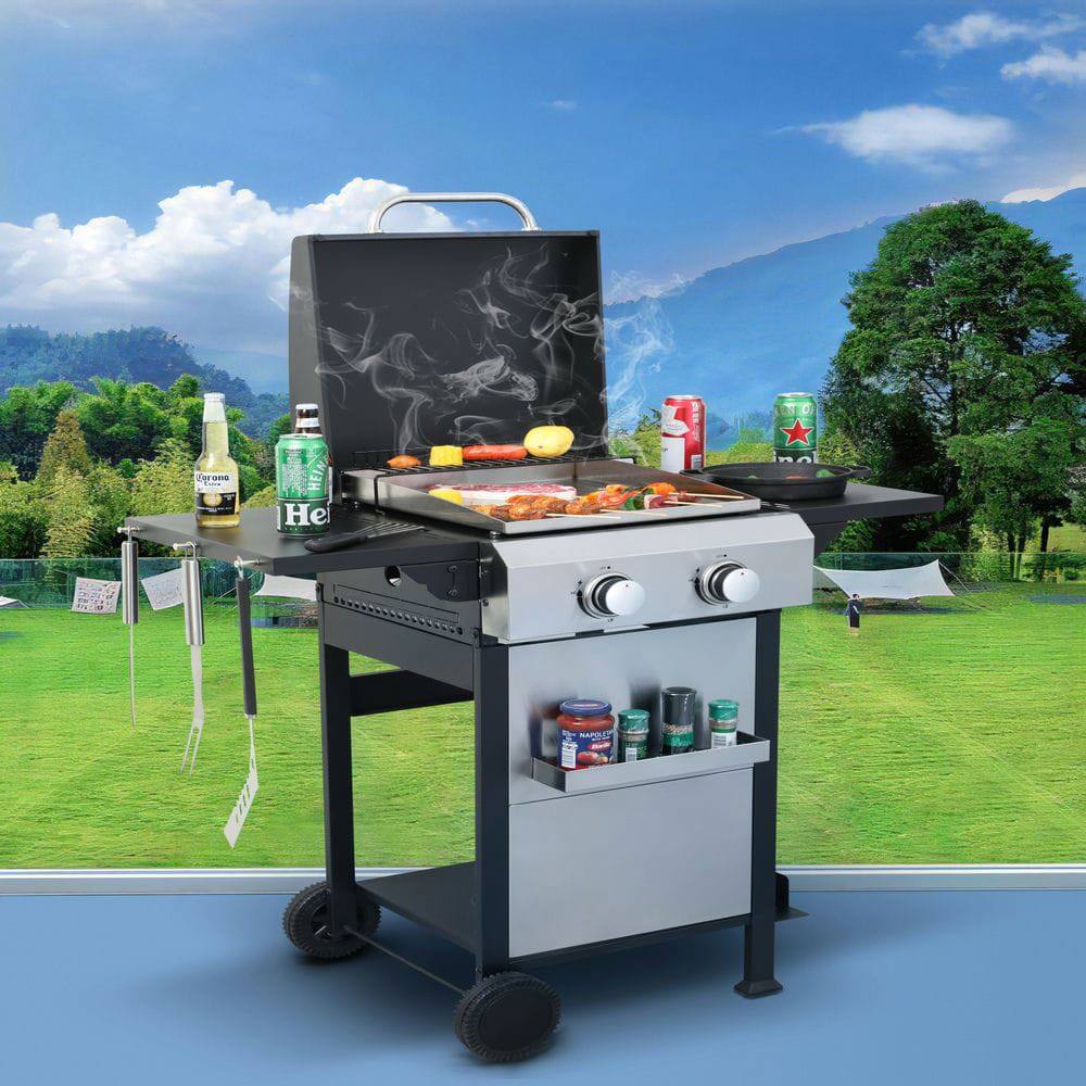 Resenkos - 2-Burner Propane Gas BBQ Grill, SS Plancha, 24600BTU Output With Wire Enamel Cooking Grids For Outdoor Barbecue