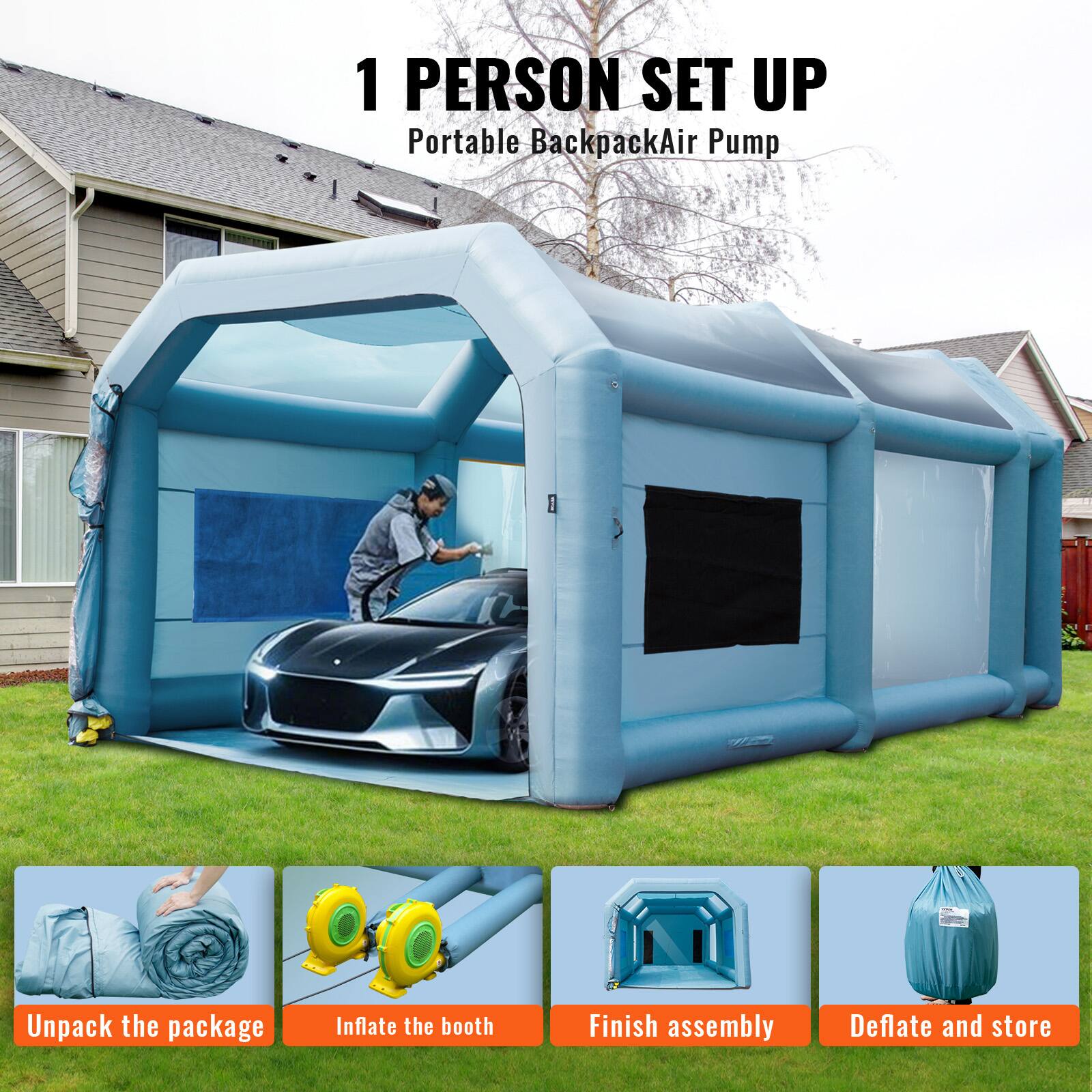 1 PERSON SET UP  
Portable BackpackAir Pump

1. Unpack the package
2. Inflate the booth
3. Finish assembly
4. Deflate and store