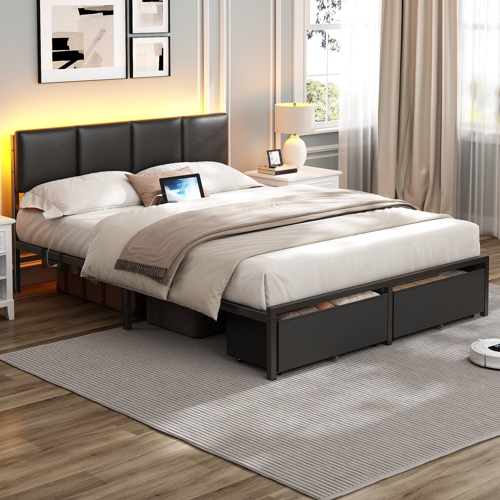 Alt View 1. Furnulem - Black Leather Upholstered Bed Frame with 2 Storage Drawers Modern Platform Bed with Charging Station and LED Light - Black.