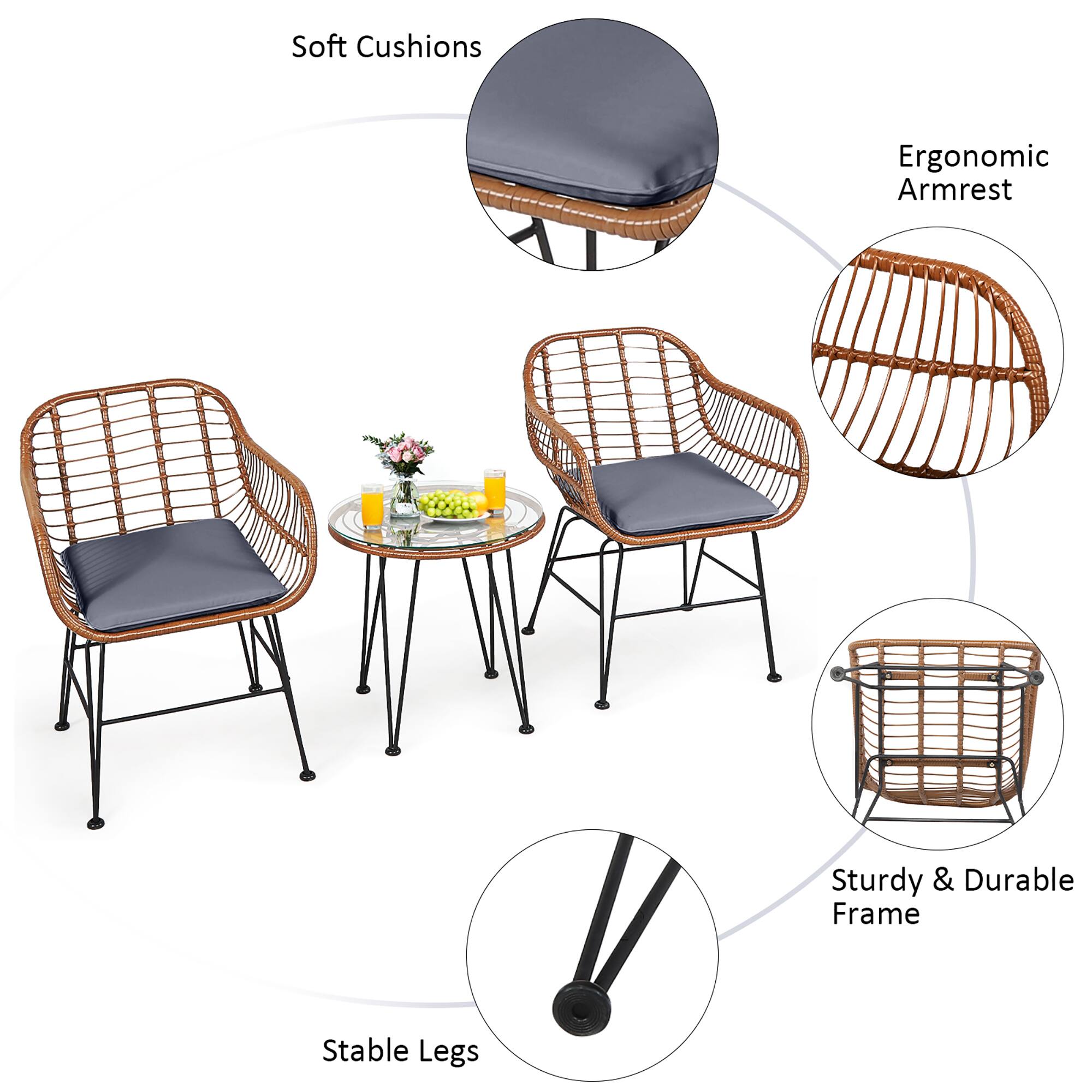The text on the image is grouped and corrected as follows:

Soft Cushions: Soft Cushions
Ergonomic Armrest: Ergonomic Armrest
Sturdy & Durable Frame: Sturdy & Durable Frame
Stable Legs: Stable Legs
