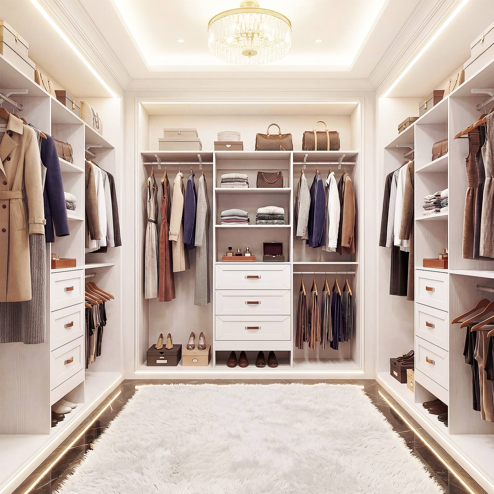 Angle. Aheaplus - 96" Wooden Closet System: 3 Curved Drawers + 3 Hanging Rods and Shelves. Adjustable Walk-in Organizer - White.
