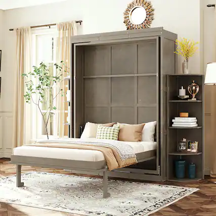 Front. Anysun - Rotating Queen Murphy Bed - Hidden Wall Cabinet, 3-Tier Shelves, Convertible Desk, Space-Saving System for Home Office - Gray.