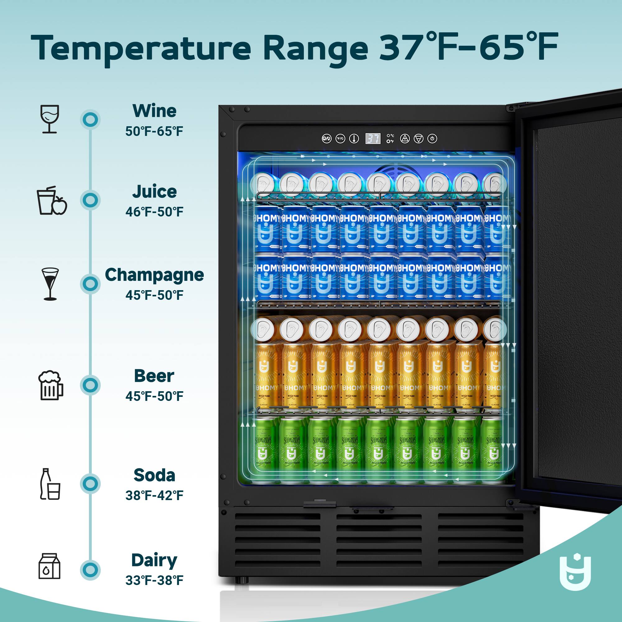 Temperature Range 37°F-65°F

- Wine: 50°F-65°F
- Juice: 46°F-50°F
- Champagne: 45°F-50°F
- Beer: 45°F-50°F
- Soda: 38°F-42°F
- Dairy: 33°F-38°F