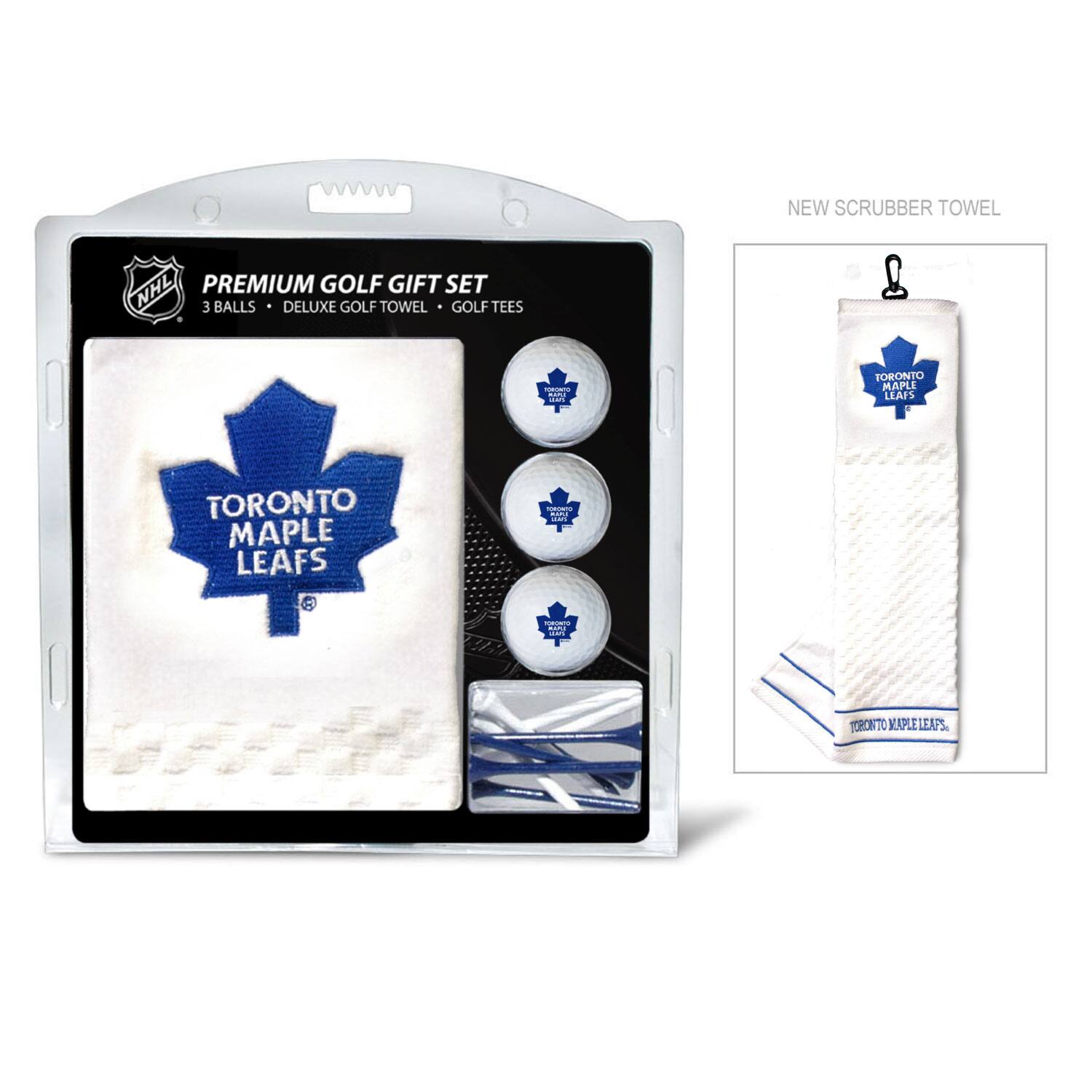 NEW SCRUBBER TOWEL  
PREMIUM GOLF GIFT SET  
3 BALLS • DELUXE GOLF TOWEL • GOLF TEES  
TORONTO MAPLE LEAFS  
TORONTO MAPLE LEAFS