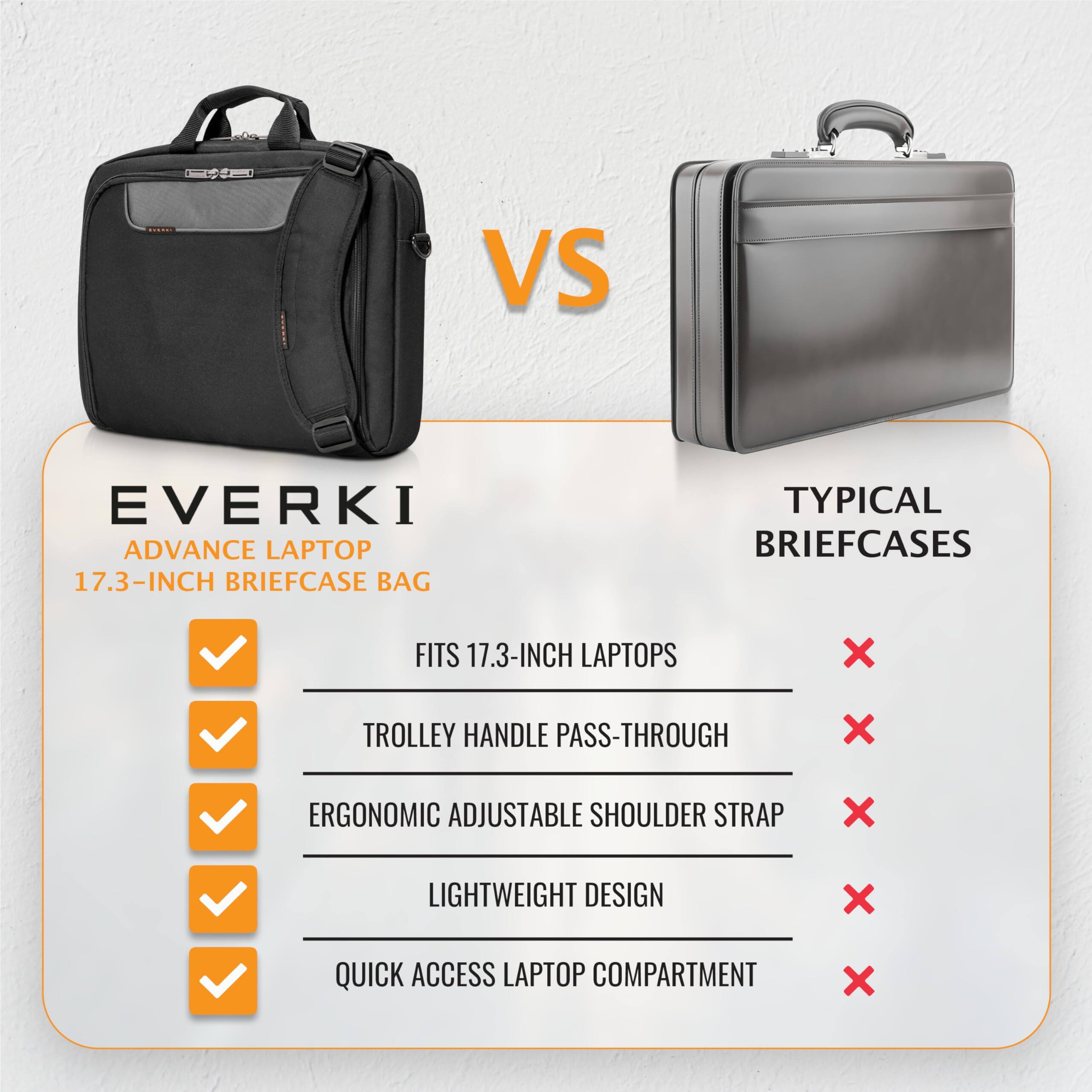 - EVERKI ADVANCE LAPTOP 17.3-INCH BRIEFCASE BAG
- TYPICAL BRIEFCASES
- FITS 17.3-INCH LAPTOPS
- TROLLEY HANDLE PASS-THROUGH
- ERGONOMIC ADJUSTABLE SHOULDER STRAP
- LIGHTWEIGHT DESIGN
- QUICK ACCESS LAPTOP COMPARTMENT